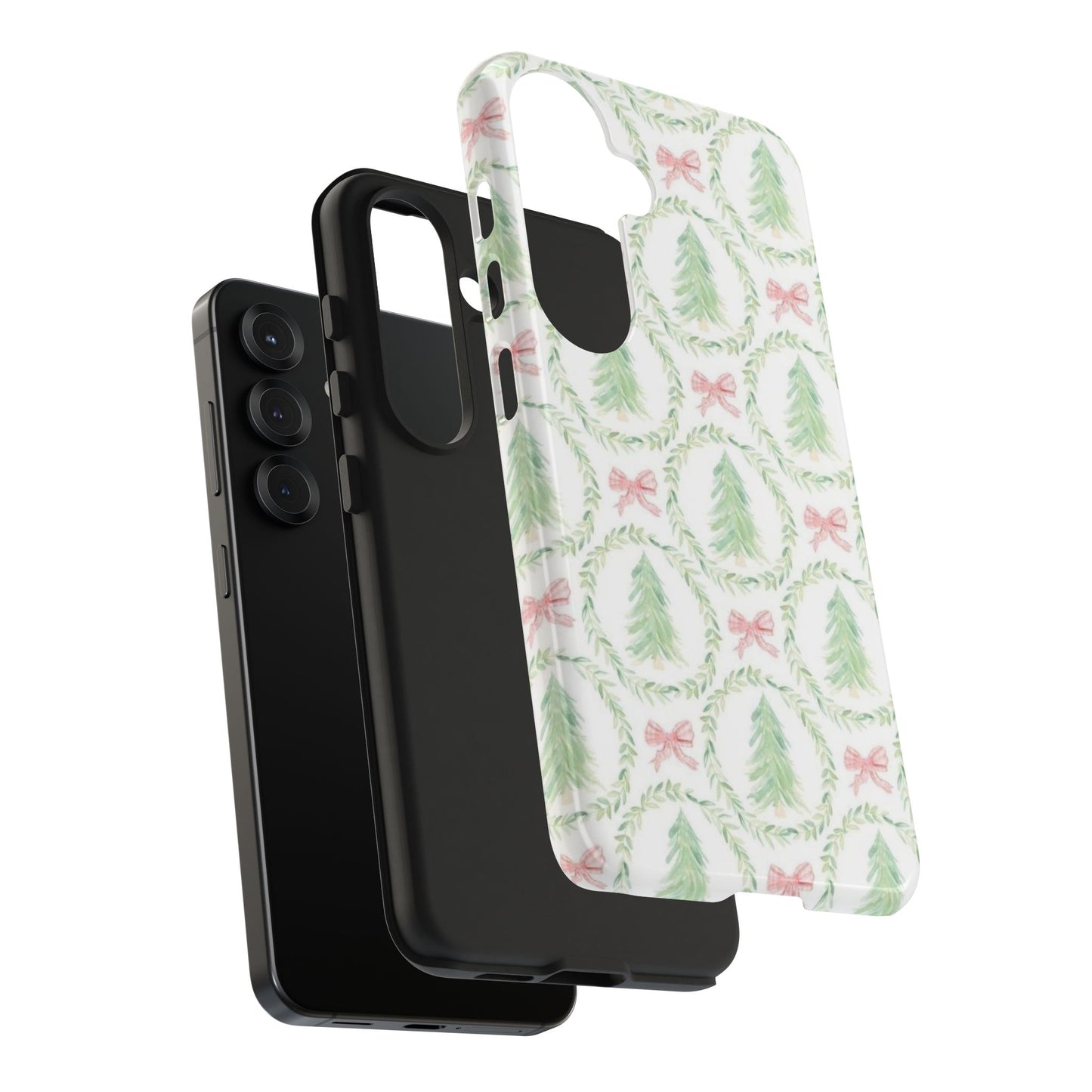 Christmas Wreath Phone Case — Pastel Pine Tree & Pink Bow Tough Case