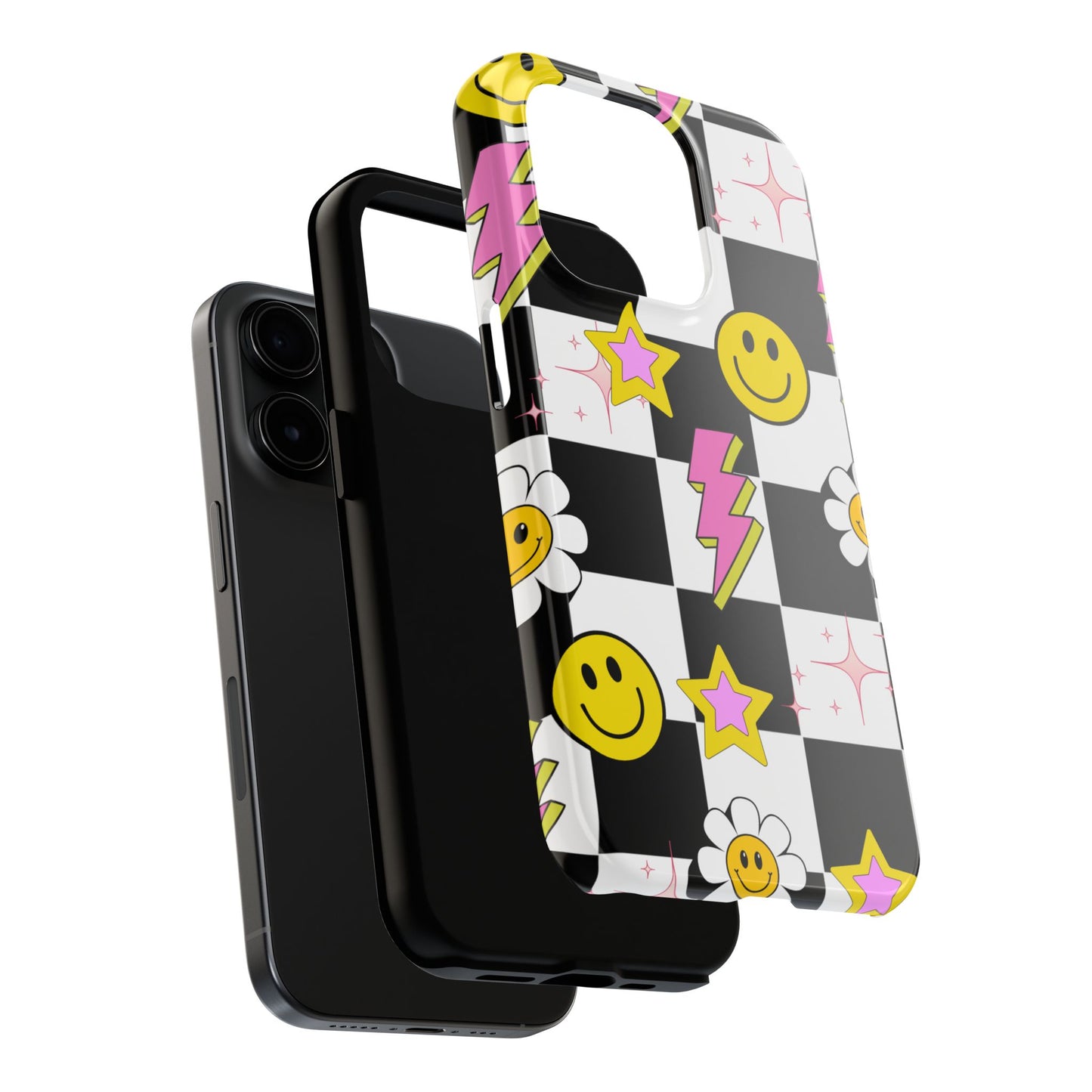Trendy Tough Phone Cases with Smiley Faces, Lightning Bolts & Stars, Perfect for a Fun Vibe, Great Gift for Teens, Birthday, Summer