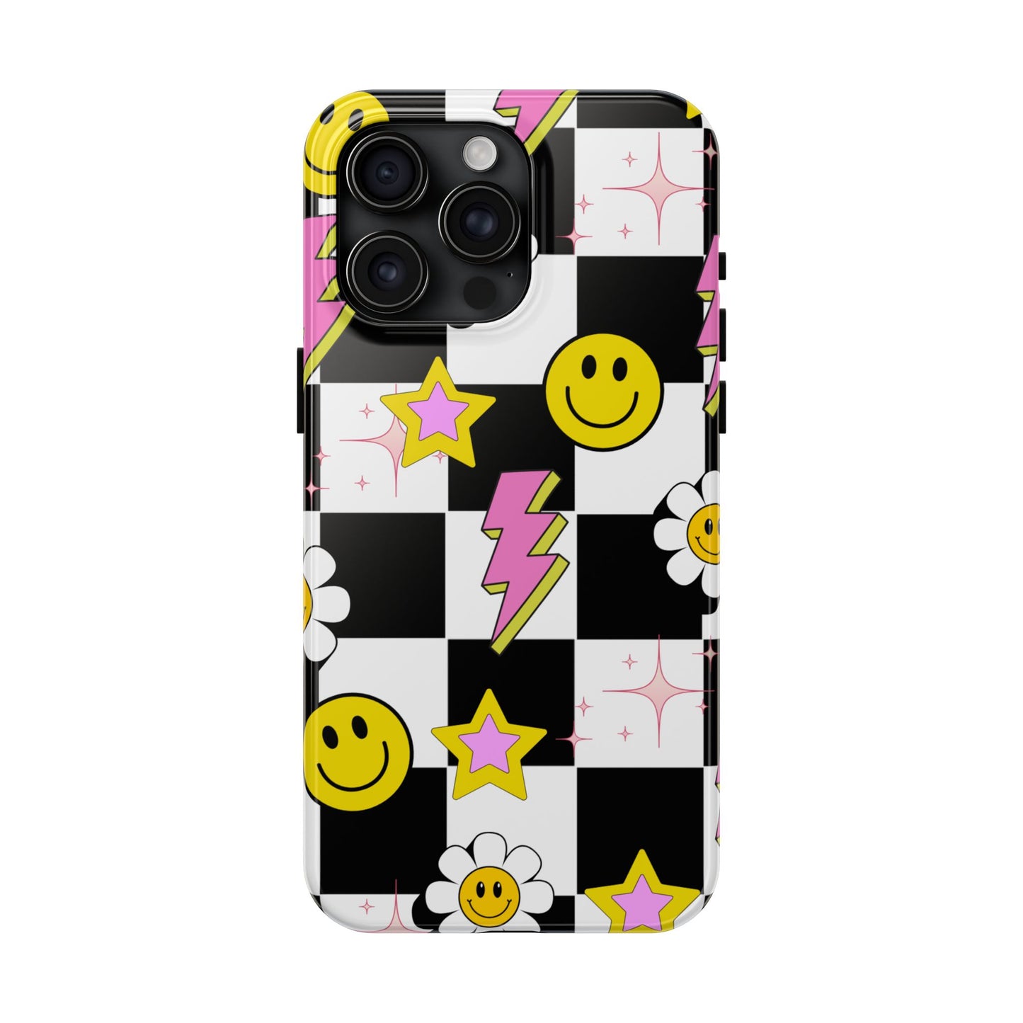 Trendy Tough Phone Cases with Smiley Faces, Lightning Bolts & Stars, Perfect for a Fun Vibe, Great Gift for Teens, Birthday, Summer