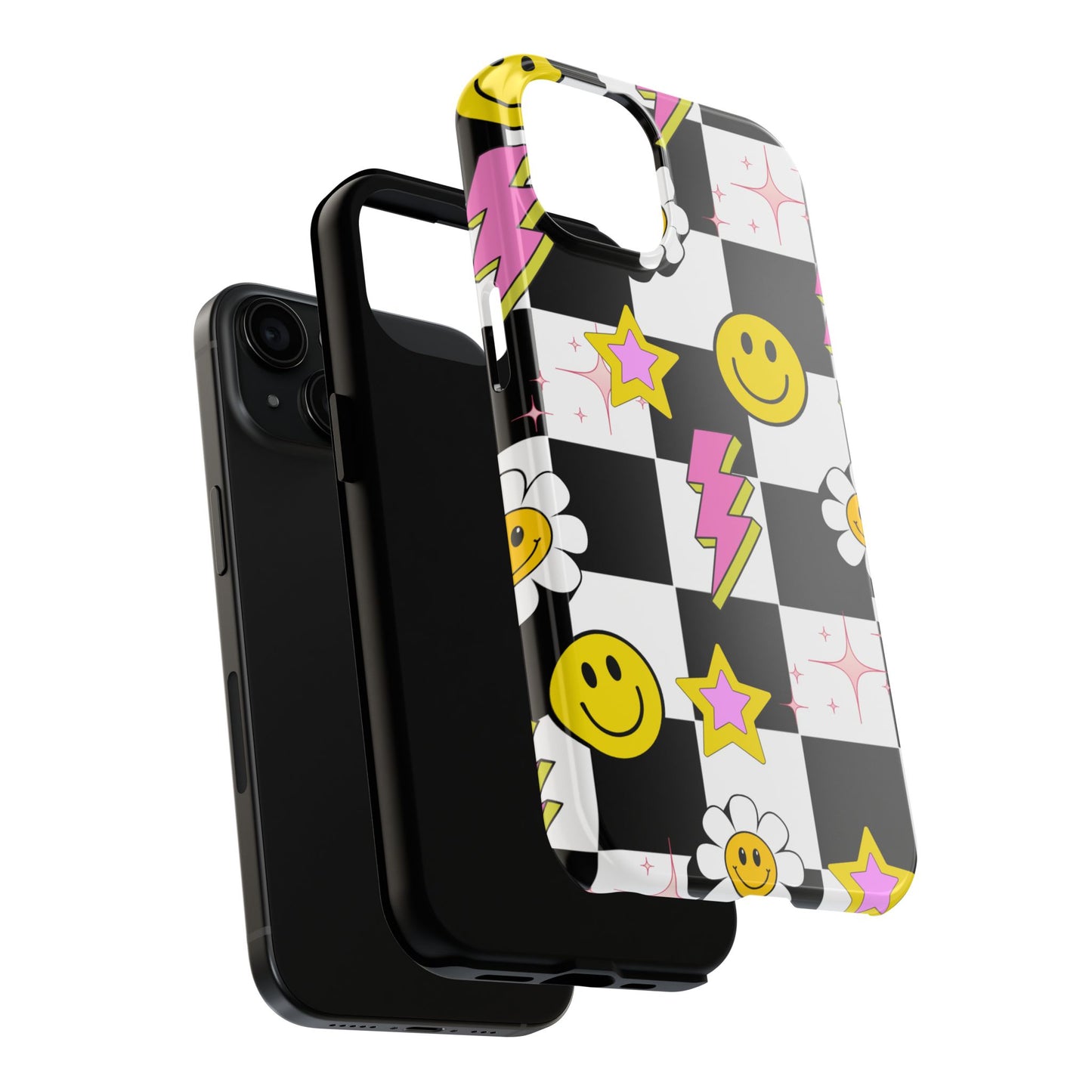 Trendy Tough Phone Cases with Smiley Faces, Lightning Bolts & Stars, Perfect for a Fun Vibe, Great Gift for Teens, Birthday, Summer
