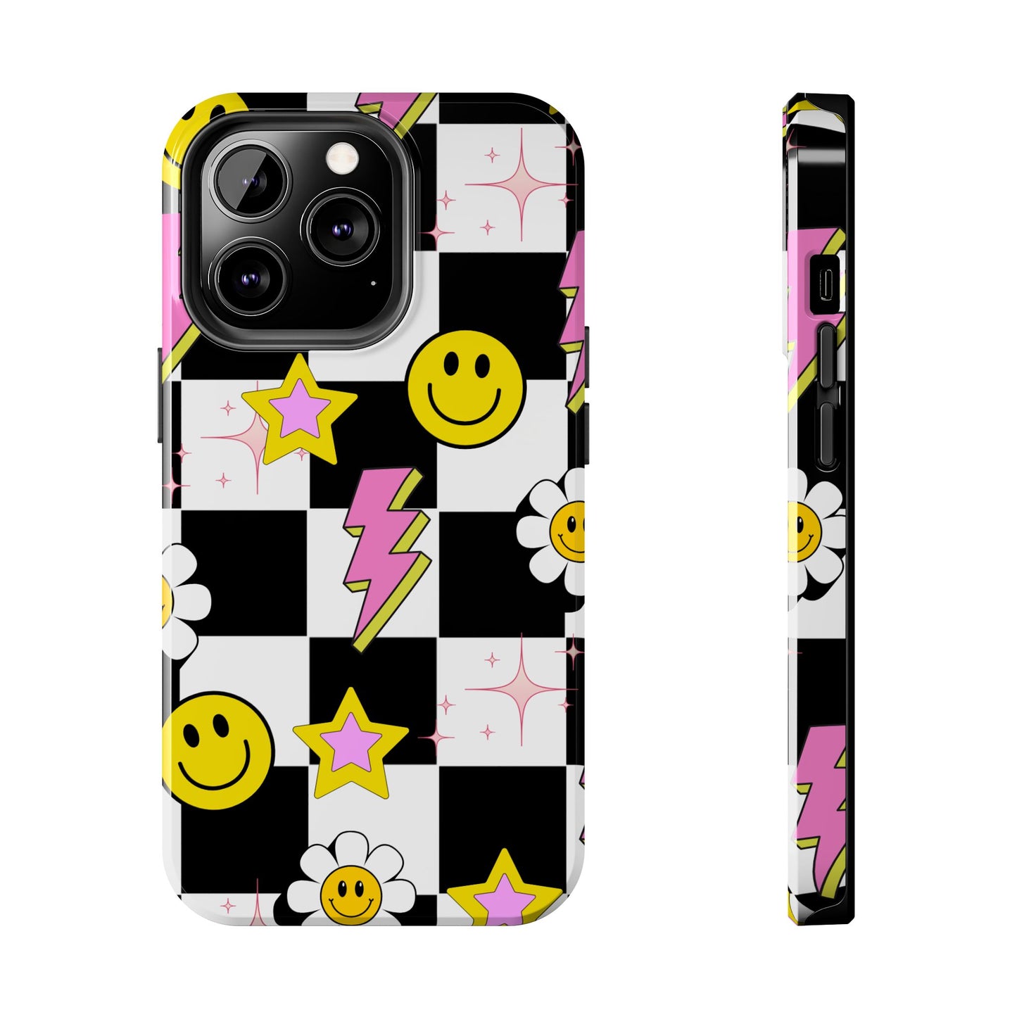 Trendy Tough Phone Cases with Smiley Faces, Lightning Bolts & Stars, Perfect for a Fun Vibe, Great Gift for Teens, Birthday, Summer