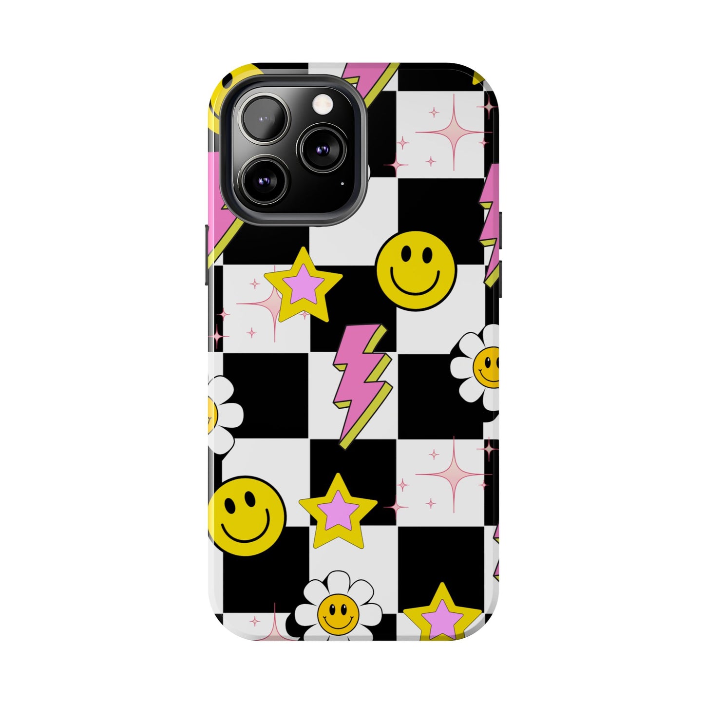 Trendy Tough Phone Cases with Smiley Faces, Lightning Bolts & Stars, Perfect for a Fun Vibe, Great Gift for Teens, Birthday, Summer