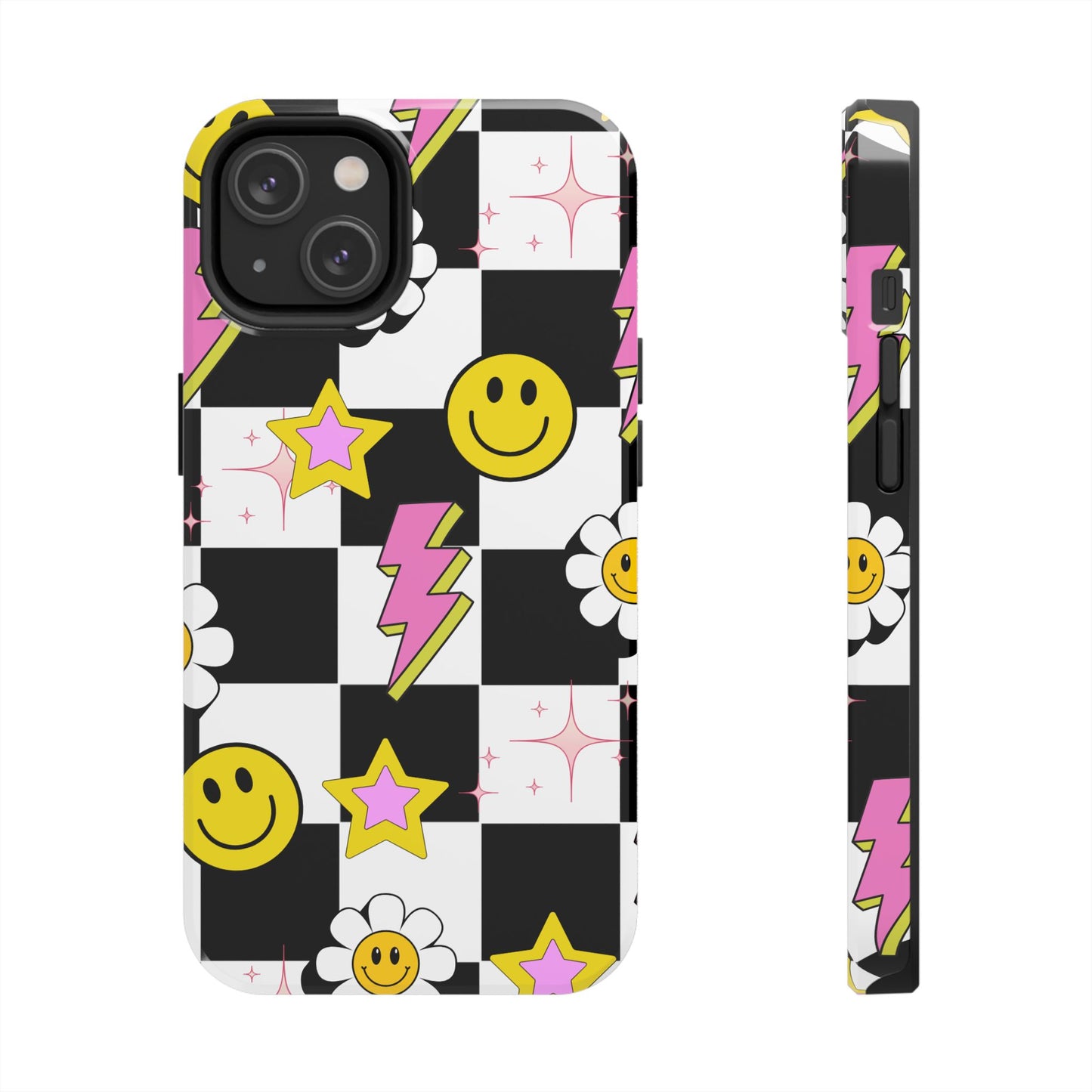 Trendy Tough Phone Cases with Smiley Faces, Lightning Bolts & Stars, Perfect for a Fun Vibe, Great Gift for Teens, Birthday, Summer