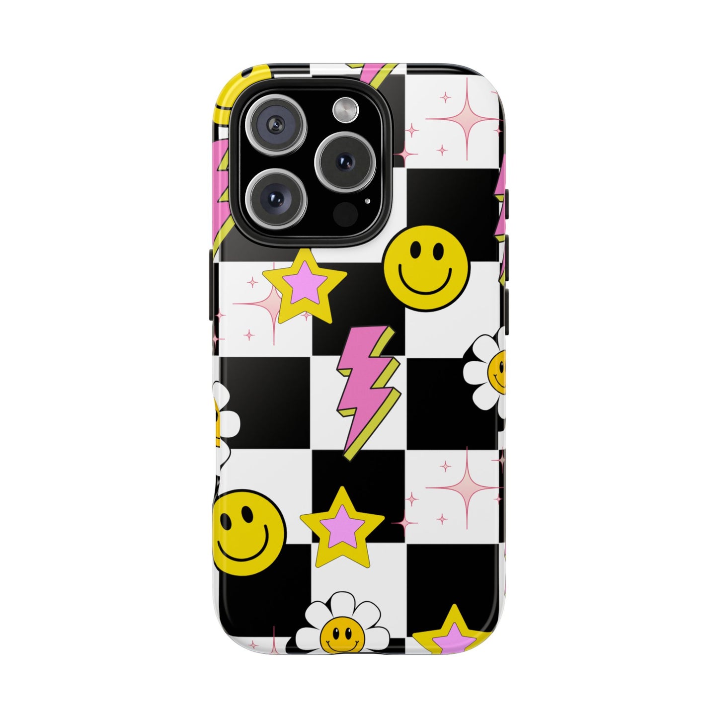 Trendy Tough Phone Cases with Smiley Faces, Lightning Bolts & Stars, Perfect for a Fun Vibe, Great Gift for Teens, Birthday, Summer