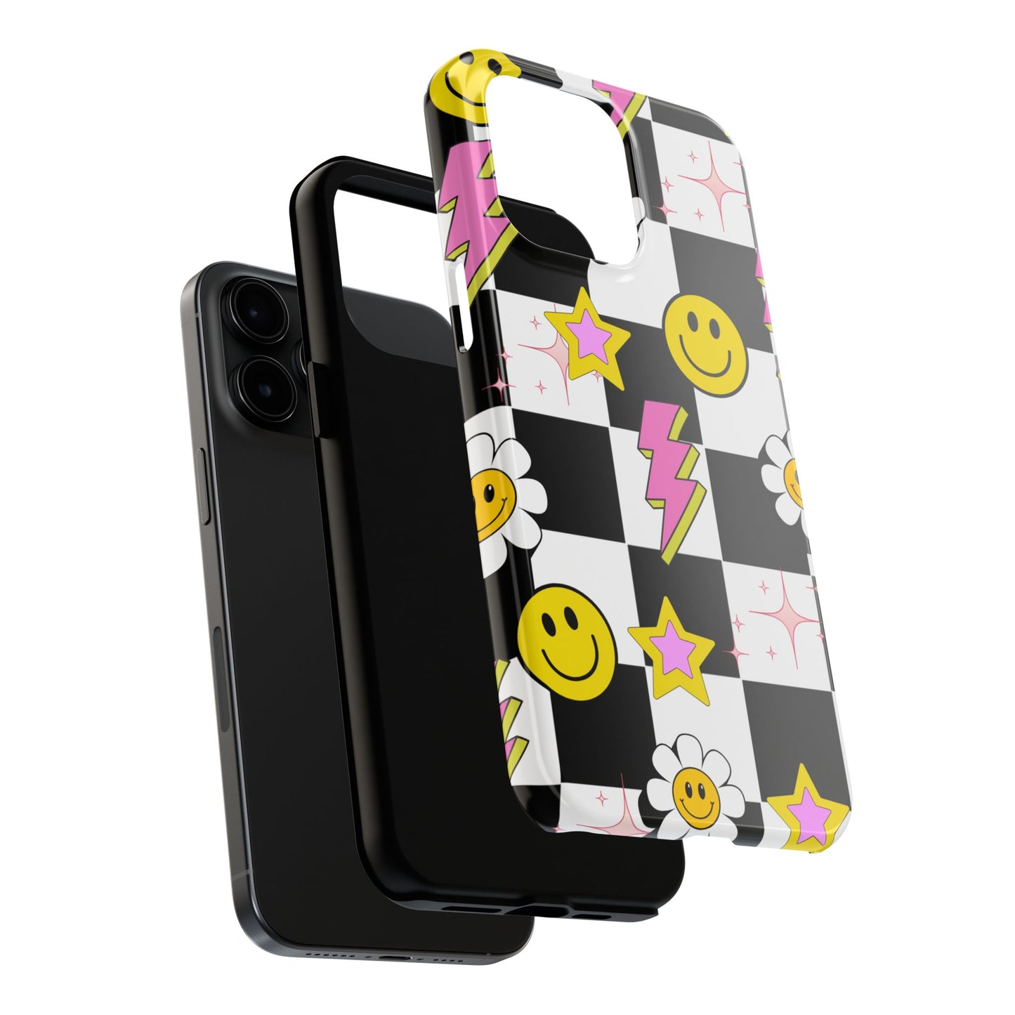 Trendy Tough Phone Cases with Smiley Faces, Lightning Bolts & Stars, Perfect for a Fun Vibe, Great Gift for Teens, Birthday, Summer