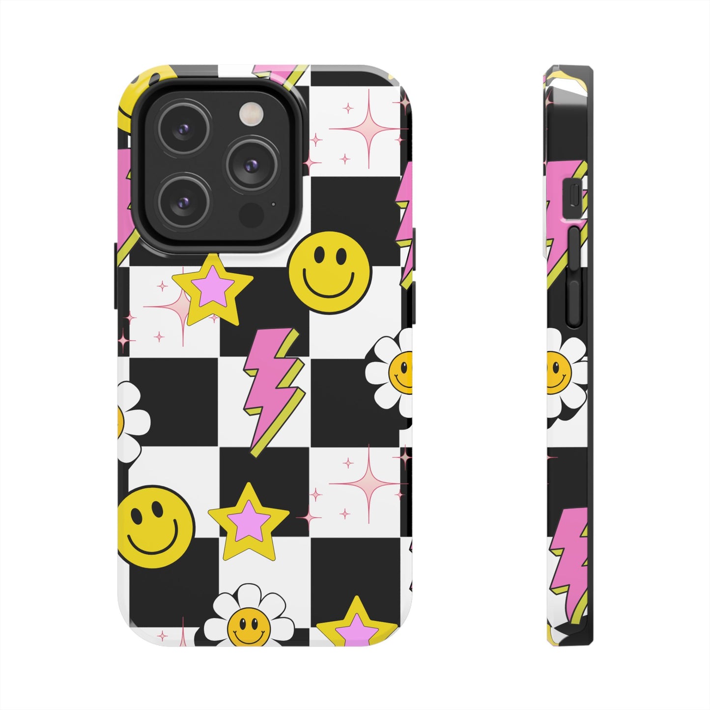 Trendy Tough Phone Cases with Smiley Faces, Lightning Bolts & Stars, Perfect for a Fun Vibe, Great Gift for Teens, Birthday, Summer