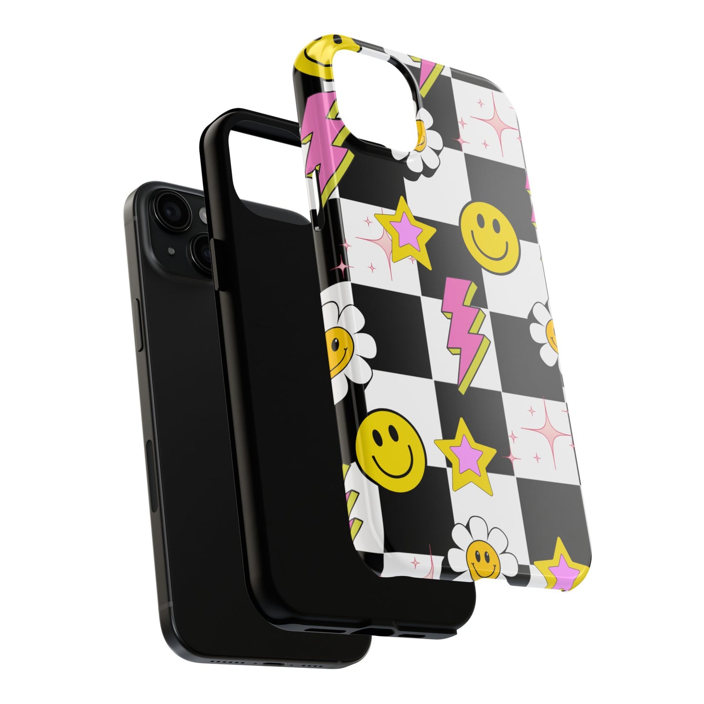 Trendy Tough Phone Cases with Smiley Faces, Lightning Bolts & Stars, Perfect for a Fun Vibe, Great Gift for Teens, Birthday, Summer