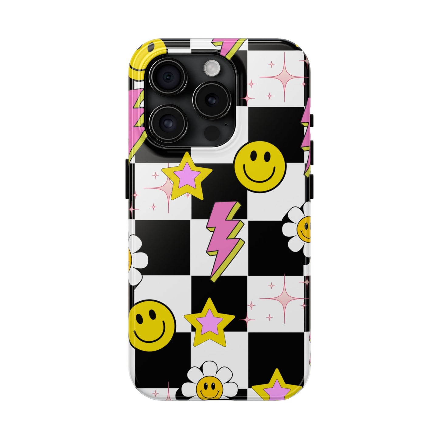 Trendy Tough Phone Cases with Smiley Faces, Lightning Bolts & Stars, Perfect for a Fun Vibe, Great Gift for Teens, Birthday, Summer