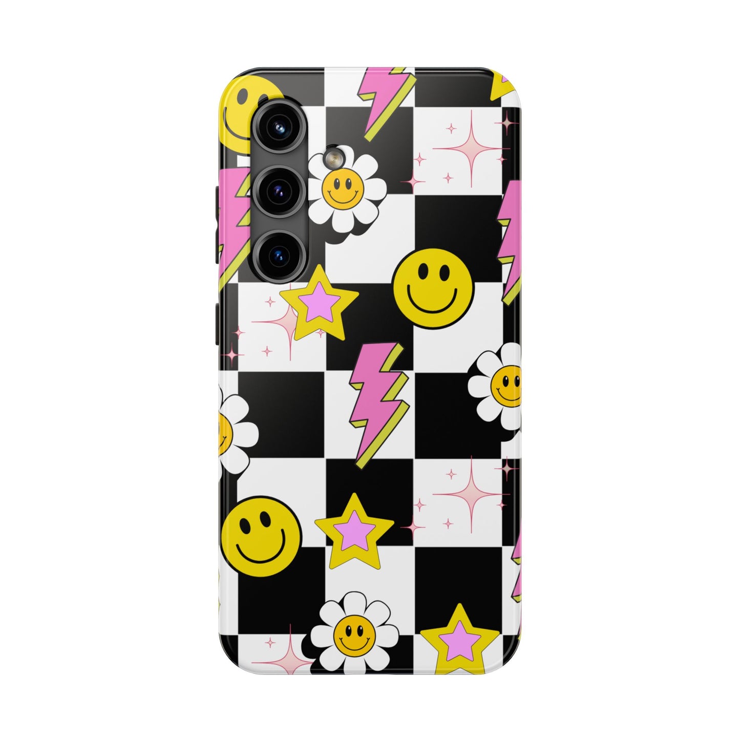 Trendy Tough Phone Cases with Smiley Faces, Lightning Bolts & Stars, Perfect for a Fun Vibe, Great Gift for Teens, Birthday, Summer