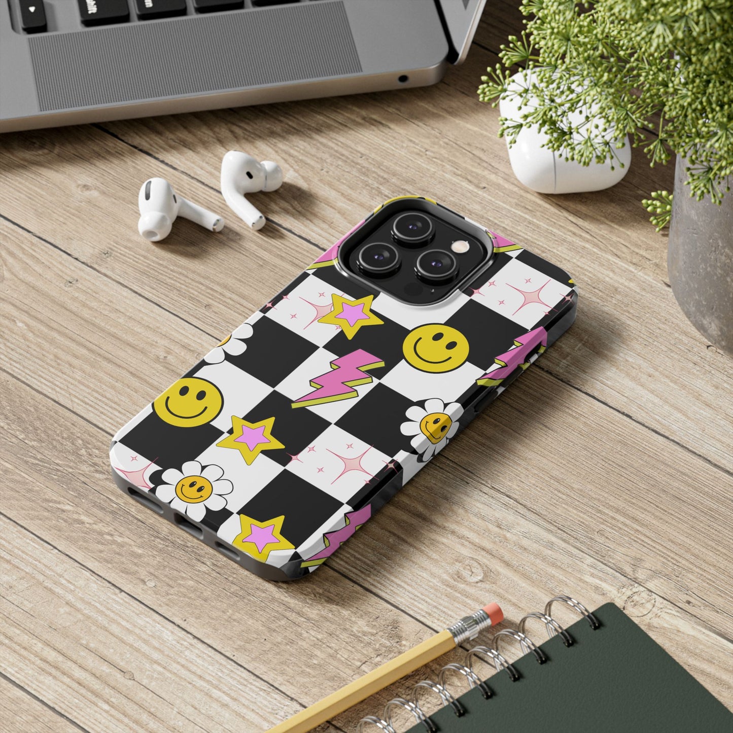 Trendy Tough Phone Cases with Smiley Faces, Lightning Bolts & Stars, Perfect for a Fun Vibe, Great Gift for Teens, Birthday, Summer