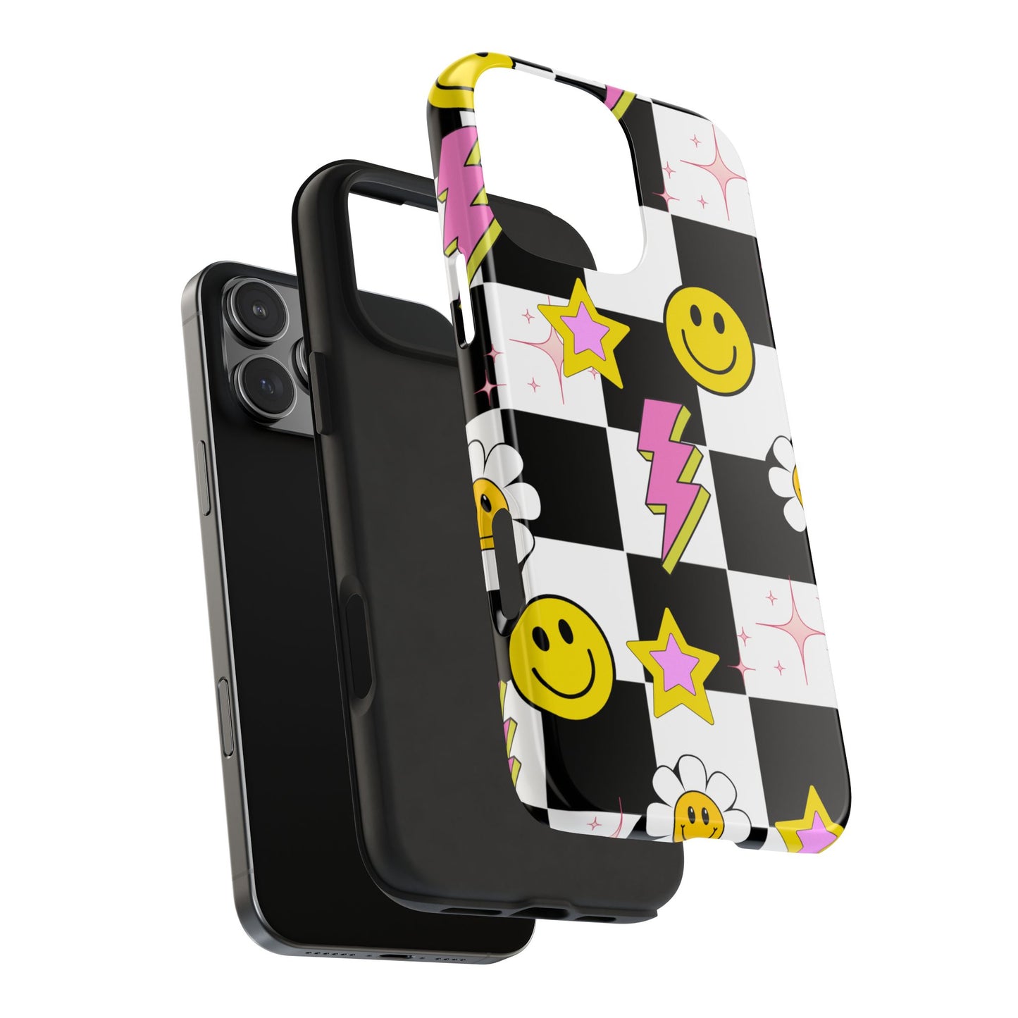 Trendy Tough Phone Cases with Smiley Faces, Lightning Bolts & Stars, Perfect for a Fun Vibe, Great Gift for Teens, Birthday, Summer
