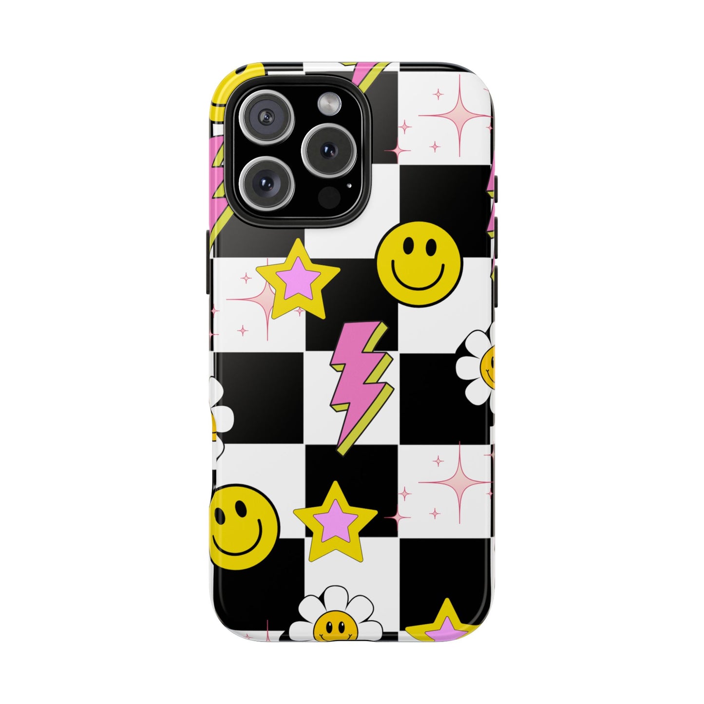 Trendy Tough Phone Cases with Smiley Faces, Lightning Bolts & Stars, Perfect for a Fun Vibe, Great Gift for Teens, Birthday, Summer