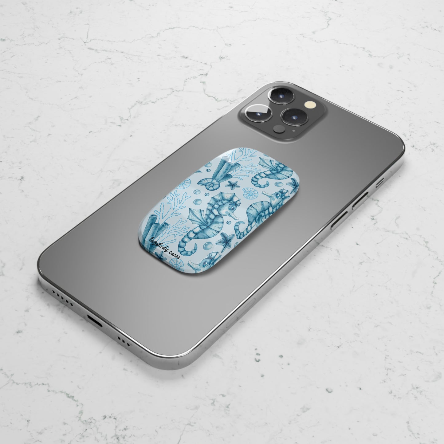 Beach-Inspired Phone Click-On Grip with Seahorse Design
