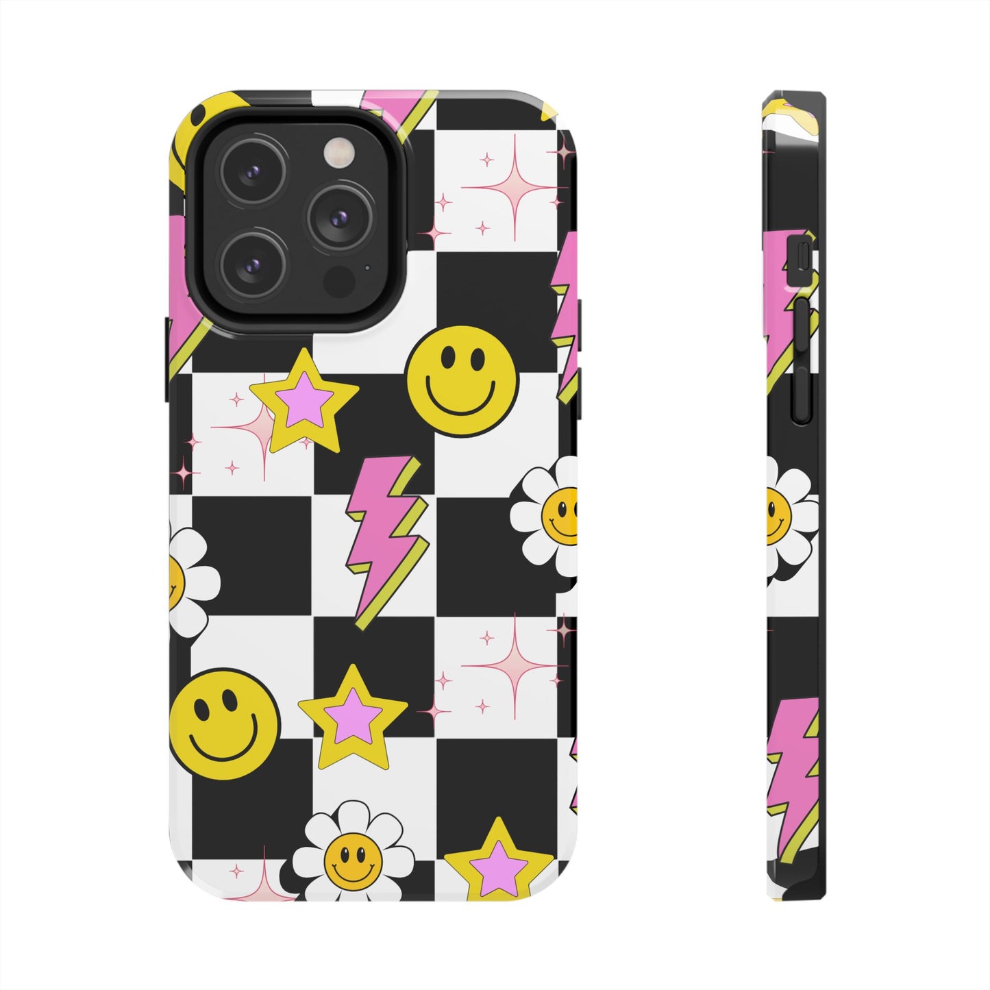 Trendy Tough Phone Cases with Smiley Faces, Lightning Bolts & Stars, Perfect for a Fun Vibe, Great Gift for Teens, Birthday, Summer