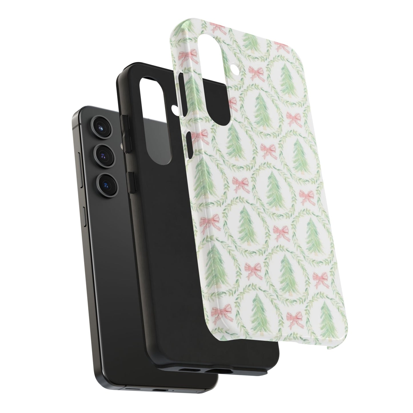 Christmas Wreath Phone Case — Pastel Pine Tree & Pink Bow Tough Case