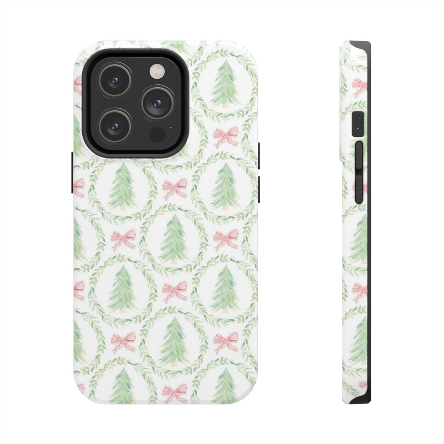 Christmas Wreath Phone Case — Pastel Pine Tree & Pink Bow Tough Case