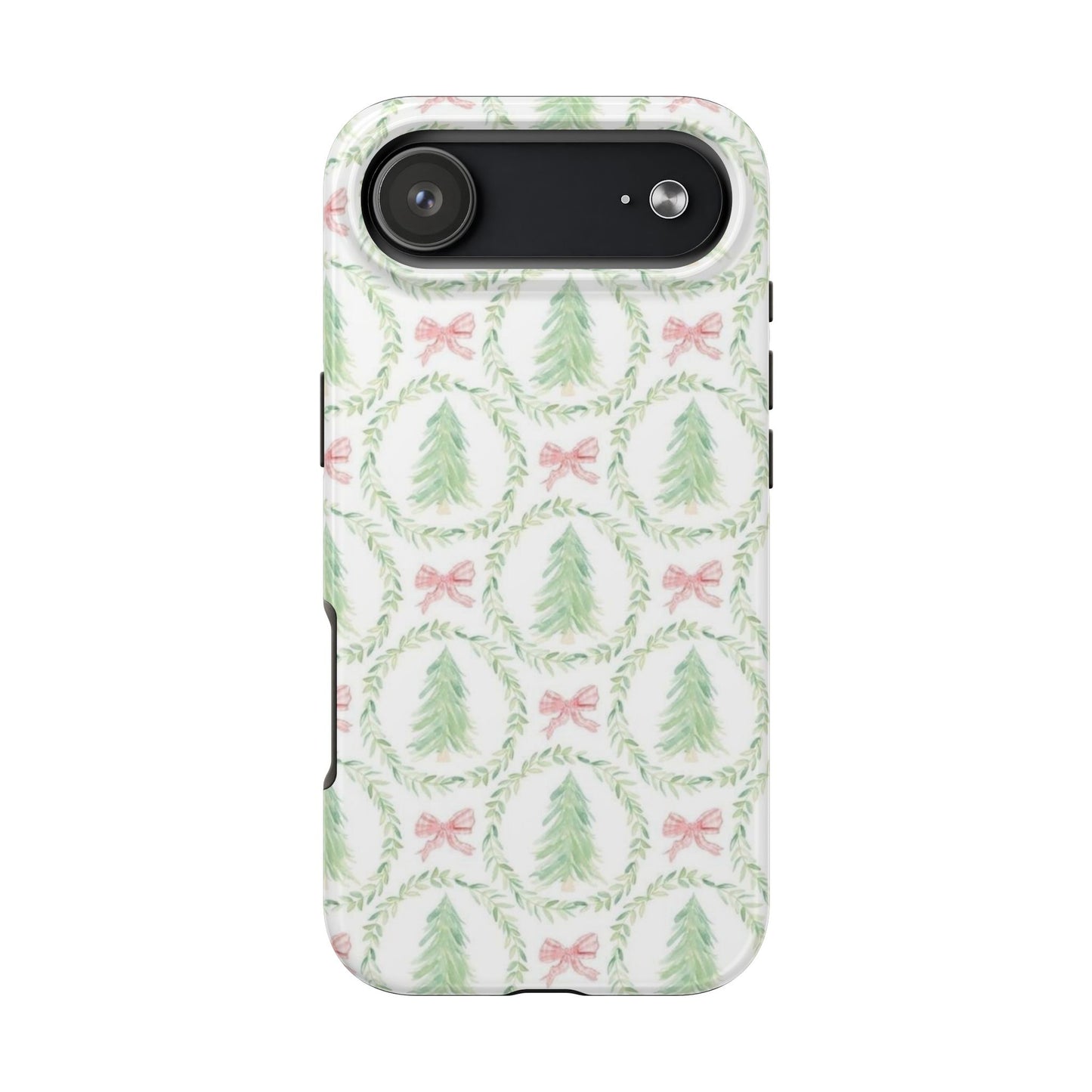 Christmas Wreath Phone Case — Pastel Pine Tree & Pink Bow Tough Case