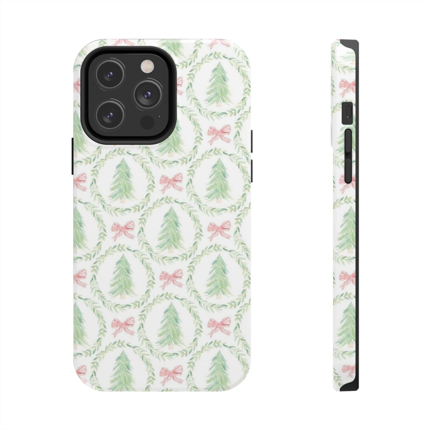 Christmas Wreath Phone Case — Pastel Pine Tree & Pink Bow Tough Case