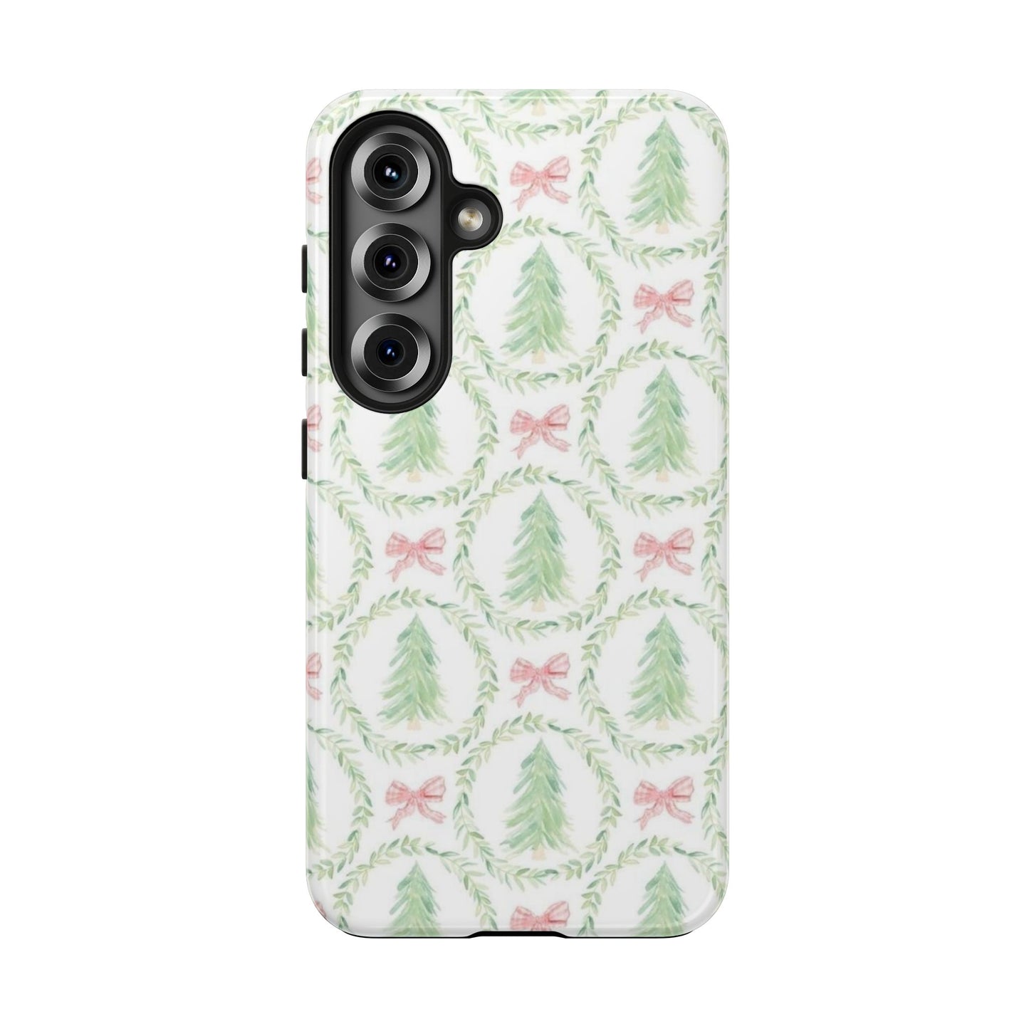 Christmas Wreath Phone Case — Pastel Pine Tree & Pink Bow Tough Case