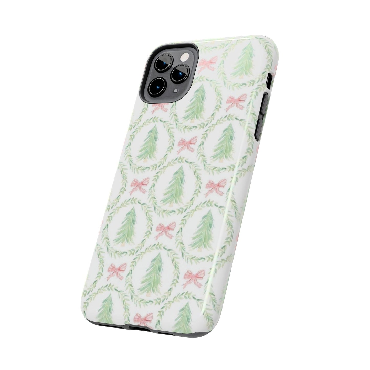 Christmas Wreath Phone Case — Pastel Pine Tree & Pink Bow Tough Case