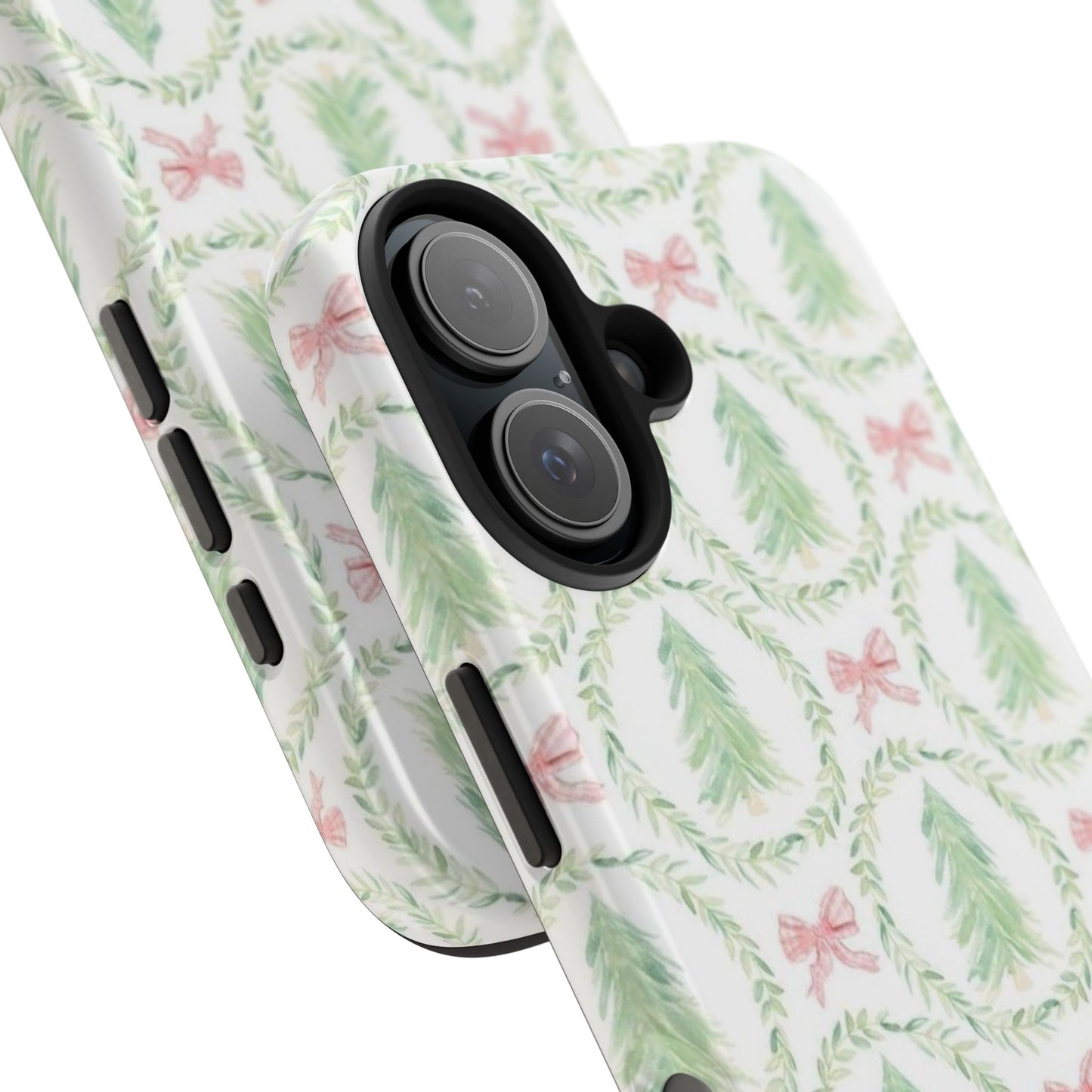 Christmas Wreath Phone Case — Pastel Pine Tree & Pink Bow Tough Case