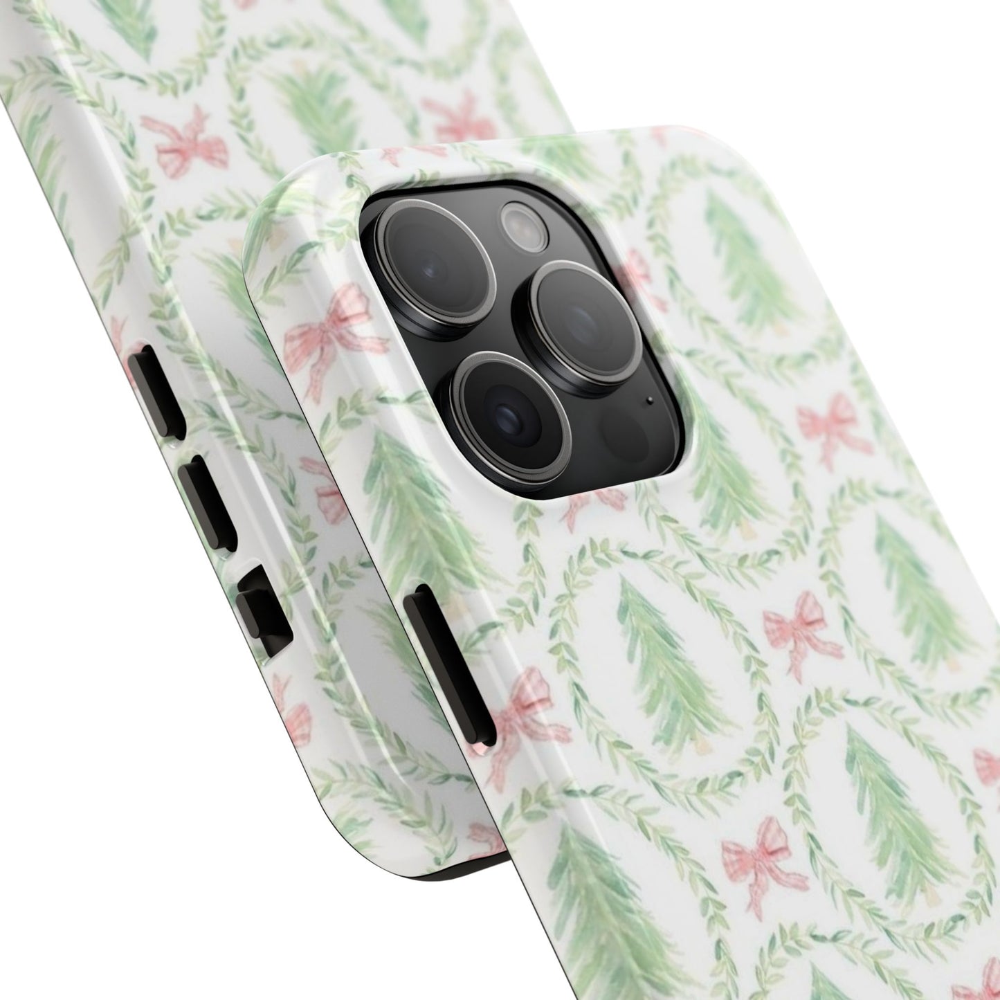 Christmas Wreath Phone Case — Pastel Pine Tree & Pink Bow Tough Case
