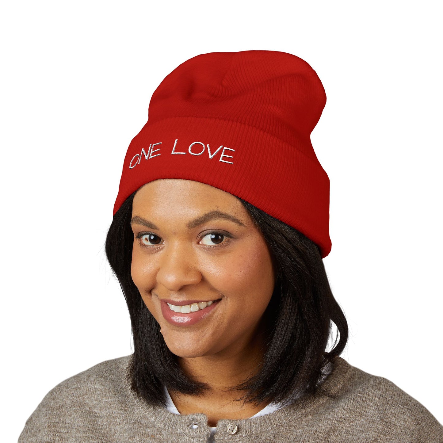 One Love Embroidered Cuffed Beanie — Classic Knit Winter Hat