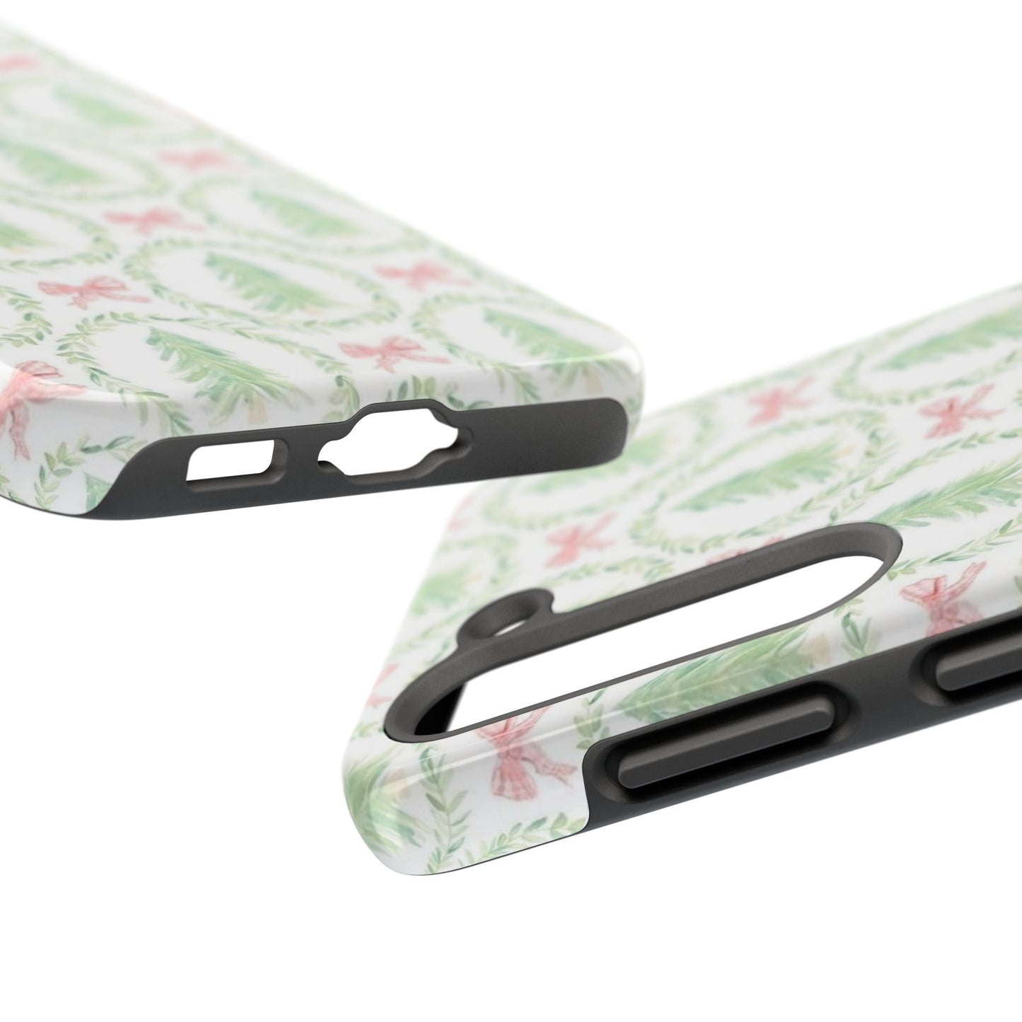 Christmas Wreath Phone Case — Pastel Pine Tree & Pink Bow Tough Case