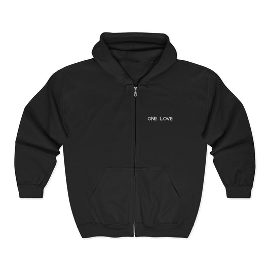 One Love Zip Hoodie — Minimalist Black Full-Zip Sweatshirt with Back Star Row