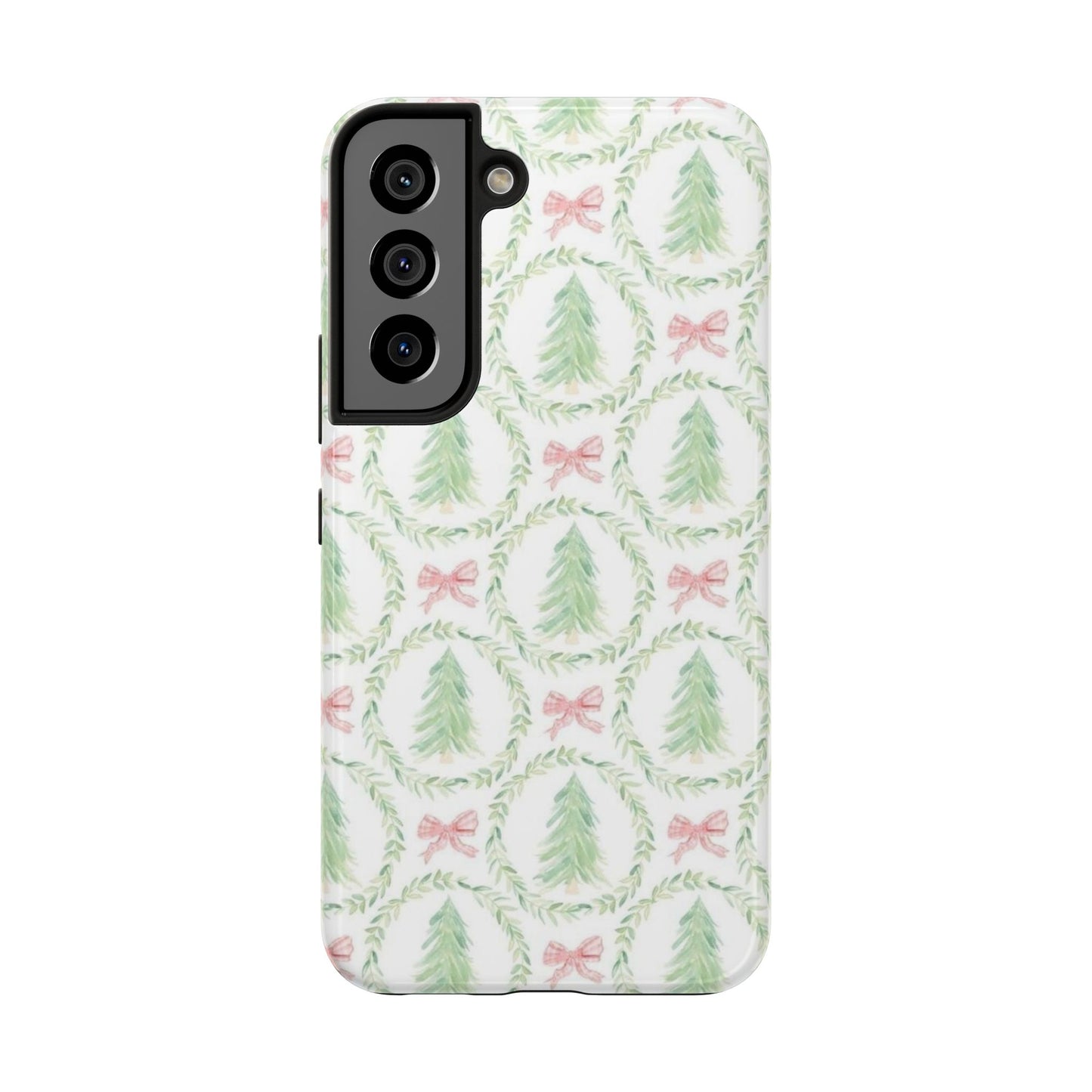 Christmas Wreath Phone Case — Pastel Pine Tree & Pink Bow Tough Case