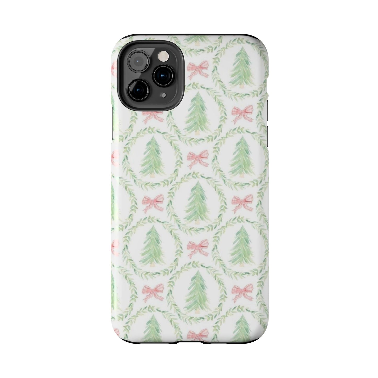 Christmas Wreath Phone Case — Pastel Pine Tree & Pink Bow Tough Case