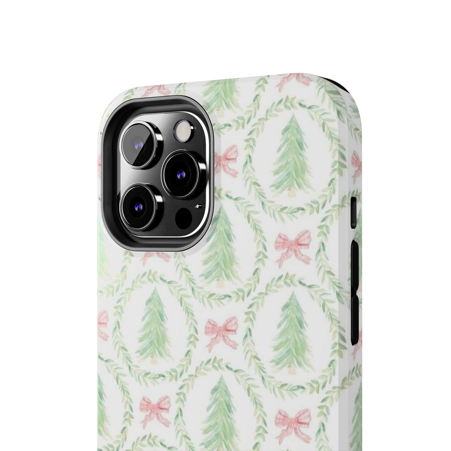 Christmas Wreath Phone Case — Pastel Pine Tree & Pink Bow Tough Case