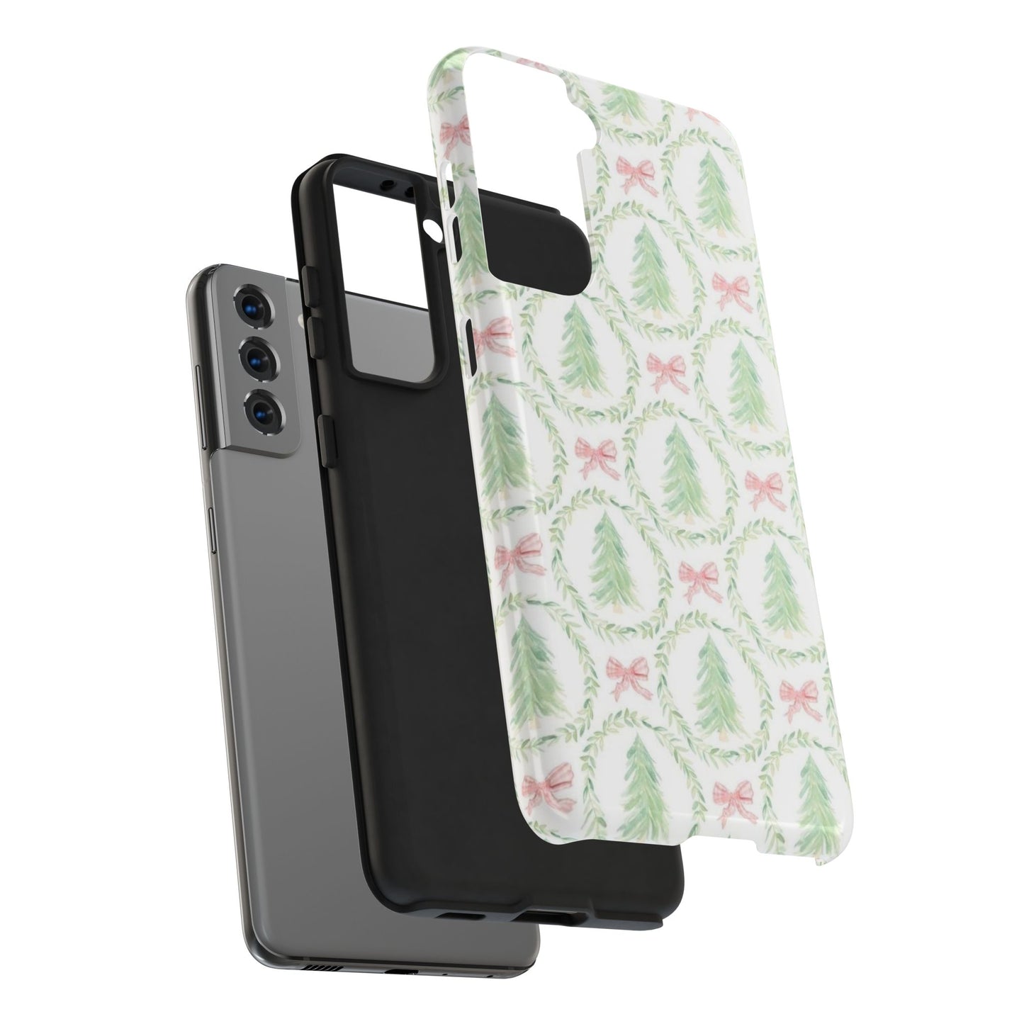 Christmas Wreath Phone Case — Pastel Pine Tree & Pink Bow Tough Case