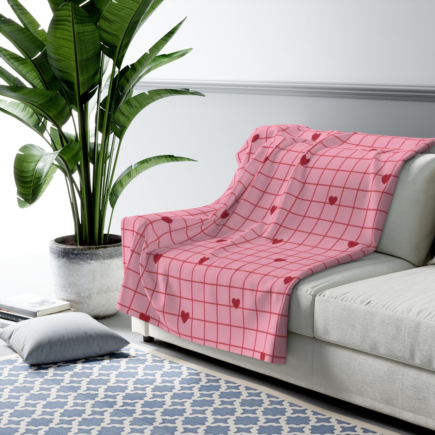 Pink Grid Heart Sherpa Blanket – Cozy Valentine Fleece Throw