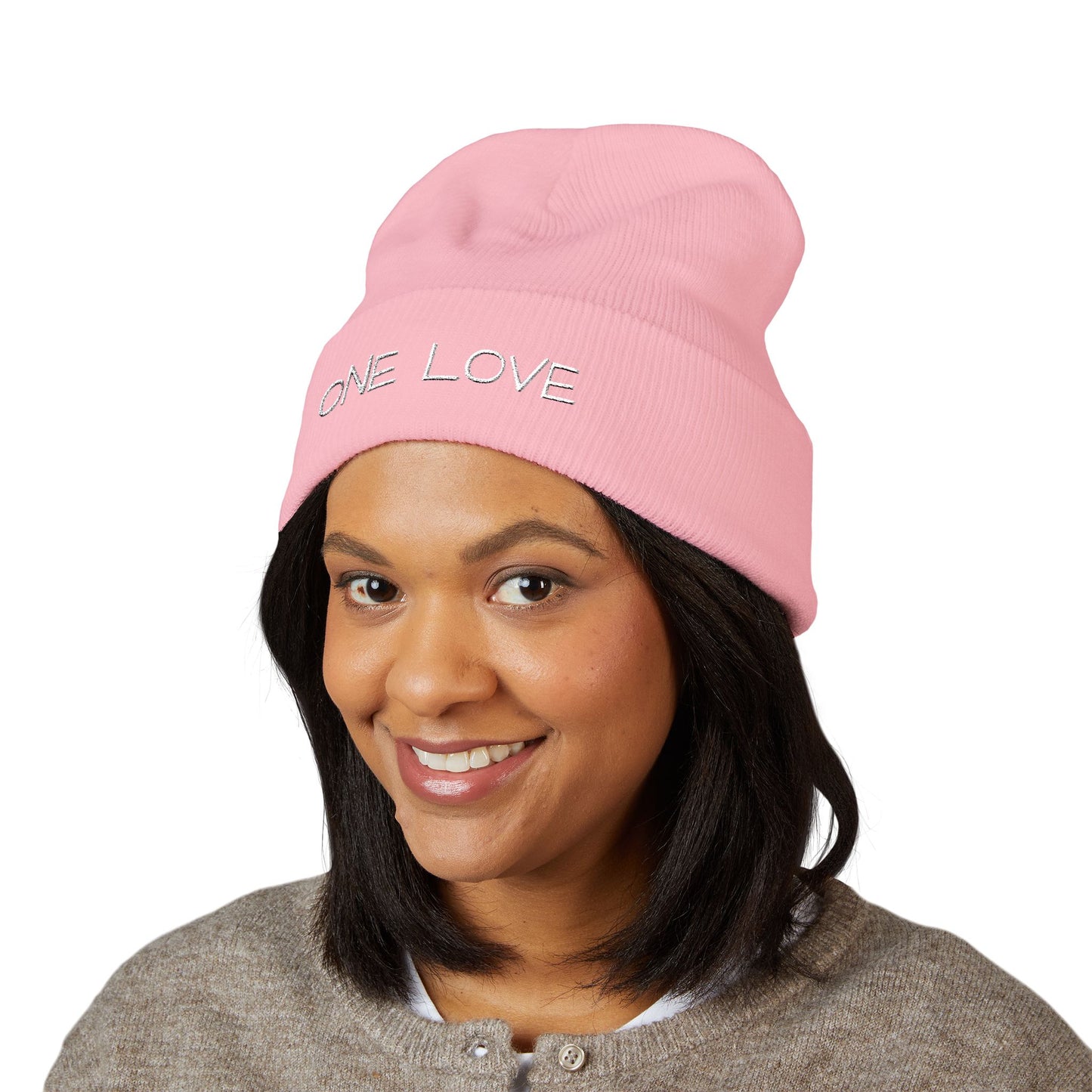 One Love Embroidered Cuffed Beanie — Classic Knit Winter Hat