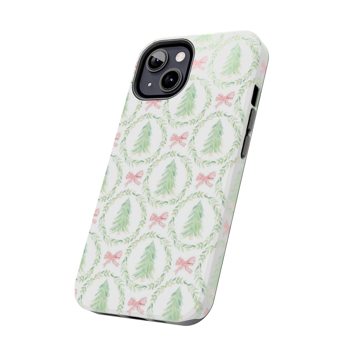 Christmas Wreath Phone Case — Pastel Pine Tree & Pink Bow Tough Case