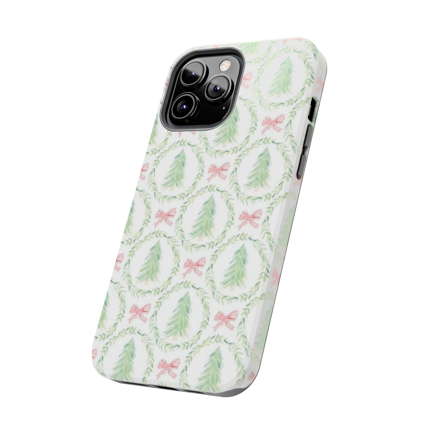 Christmas Wreath Phone Case — Pastel Pine Tree & Pink Bow Tough Case