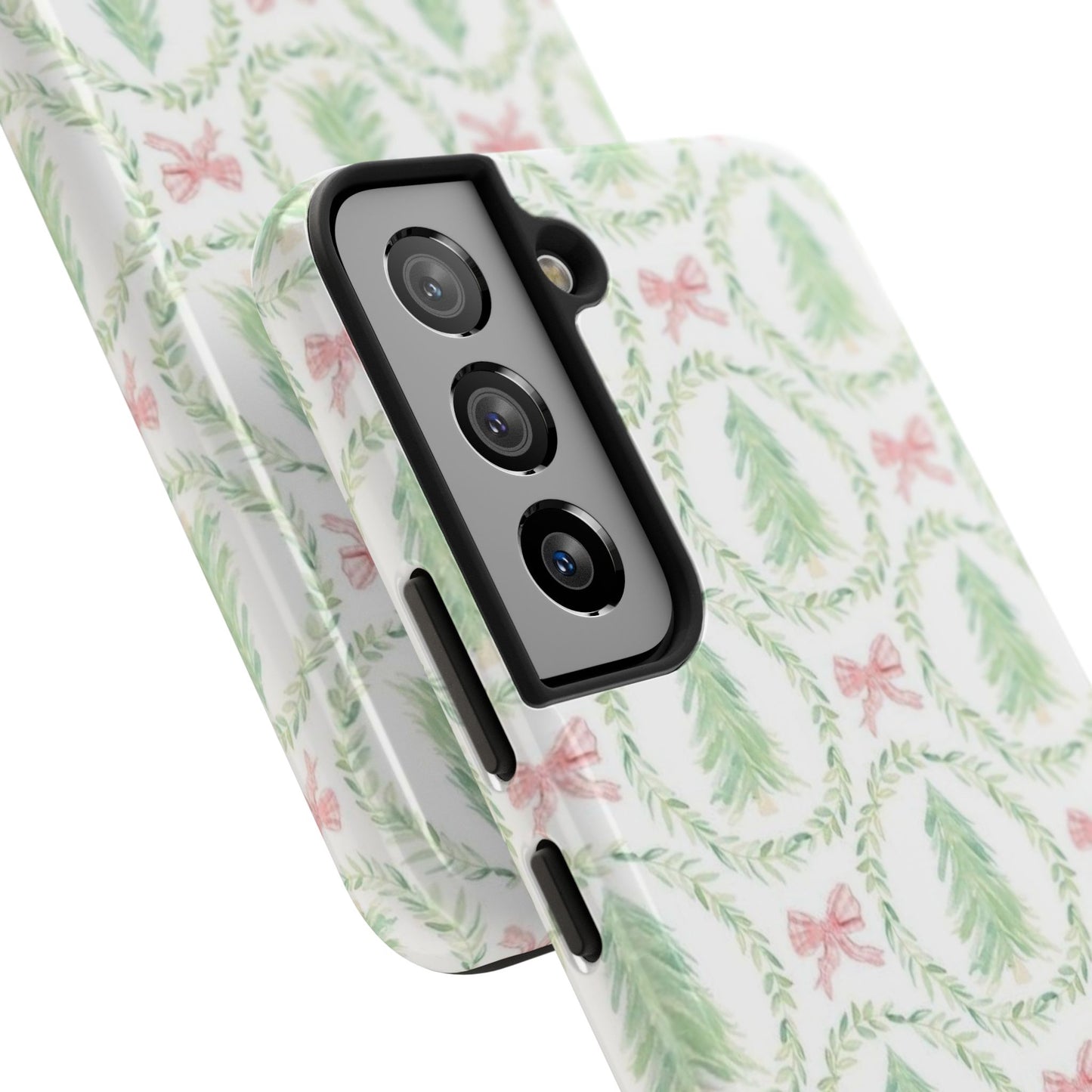 Christmas Wreath Phone Case — Pastel Pine Tree & Pink Bow Tough Case