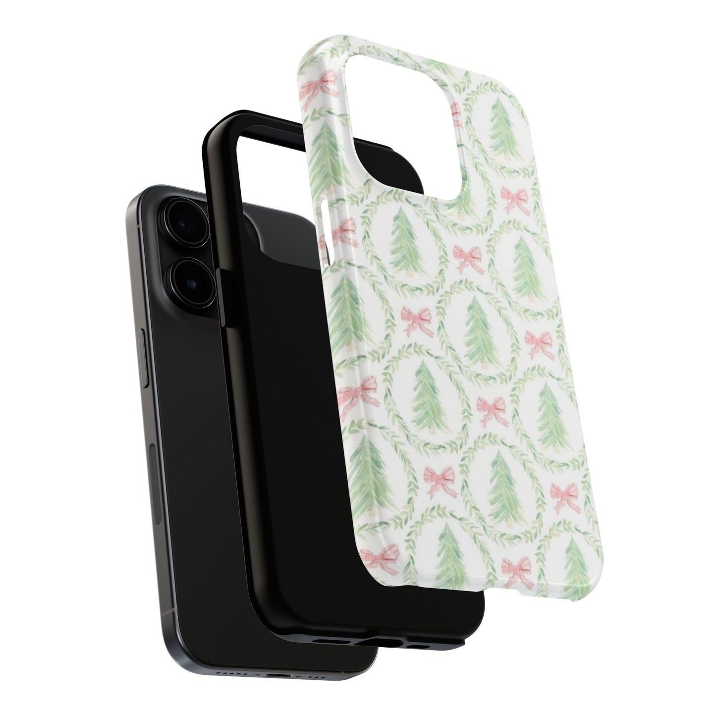 Christmas Wreath Phone Case — Pastel Pine Tree & Pink Bow Tough Case