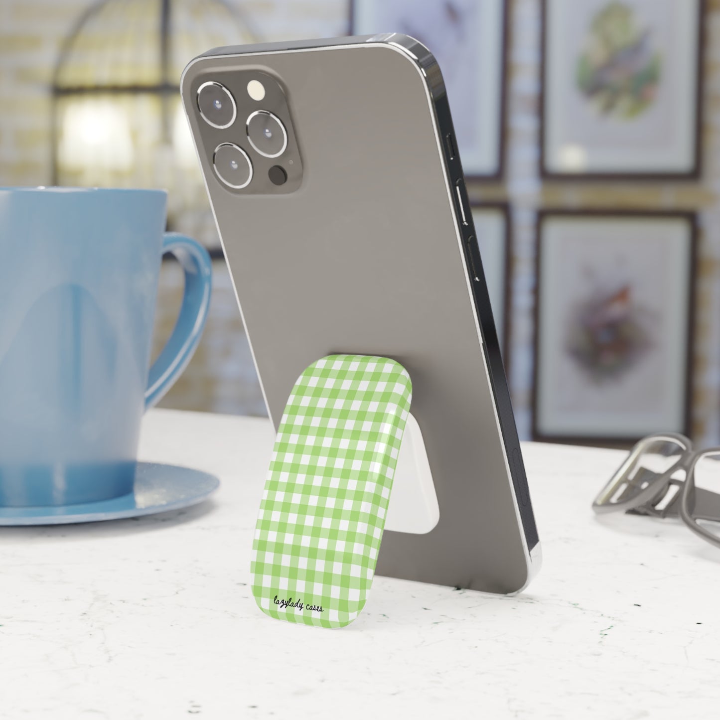 Green Gingham Phone Grip - Click-On Style for a Secure Hold