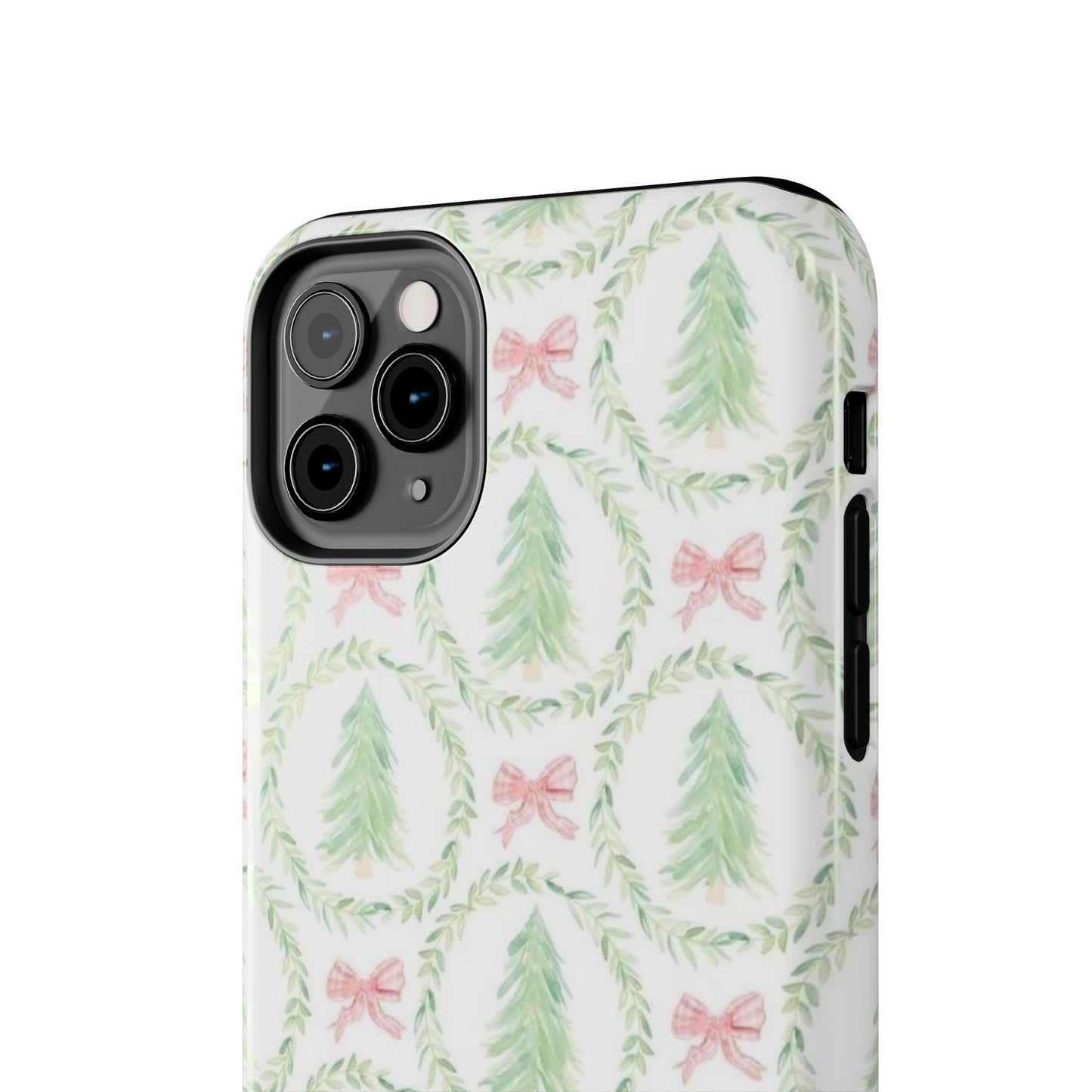 Christmas Wreath Phone Case — Pastel Pine Tree & Pink Bow Tough Case