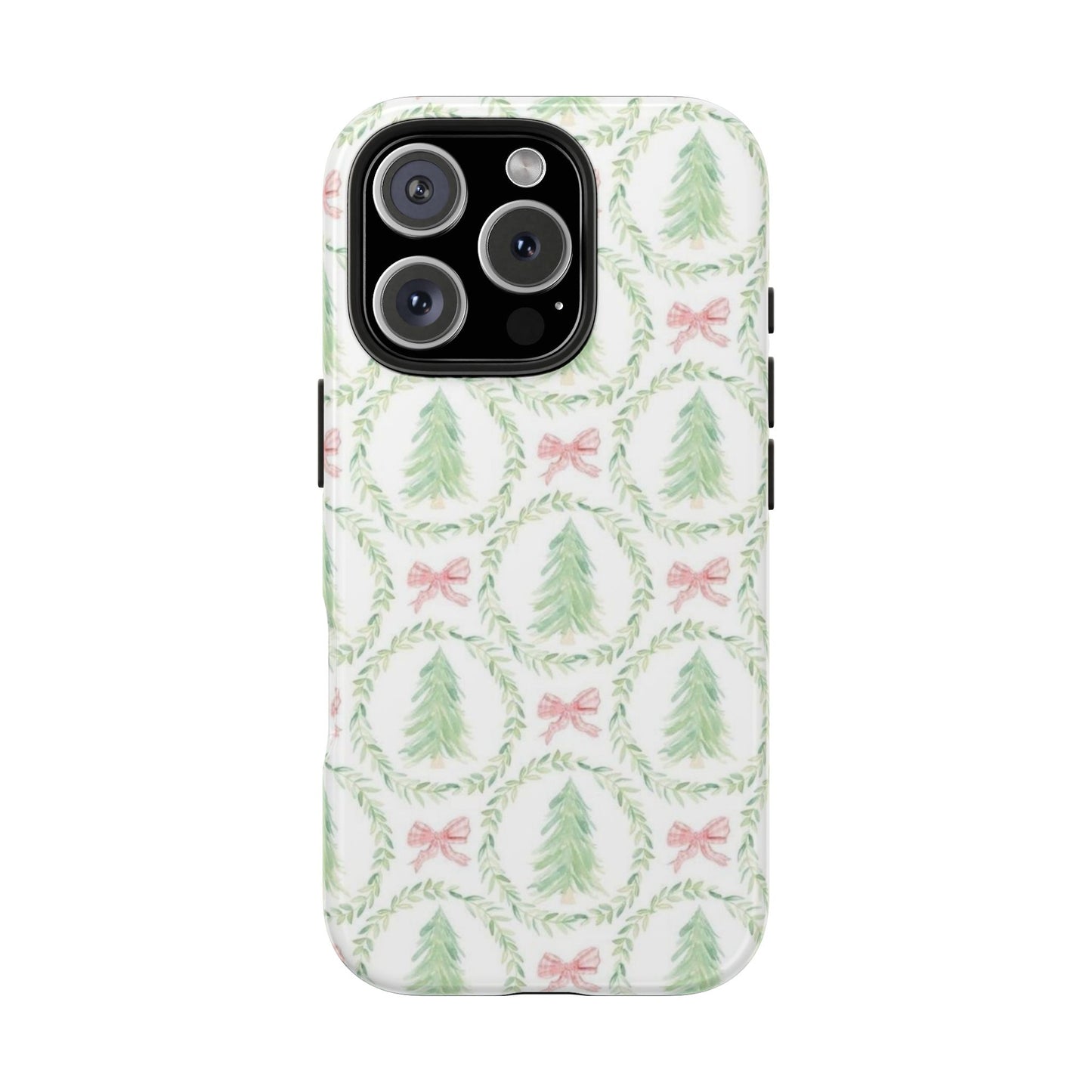 Christmas Wreath Phone Case — Pastel Pine Tree & Pink Bow Tough Case