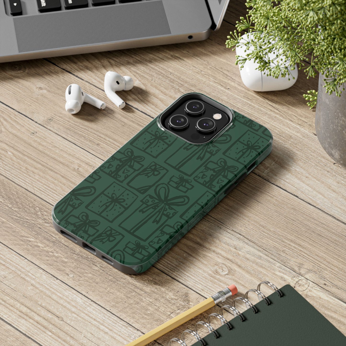 Holiday Gift Pattern Tough Phone Case — Dark Green Present Illustrations