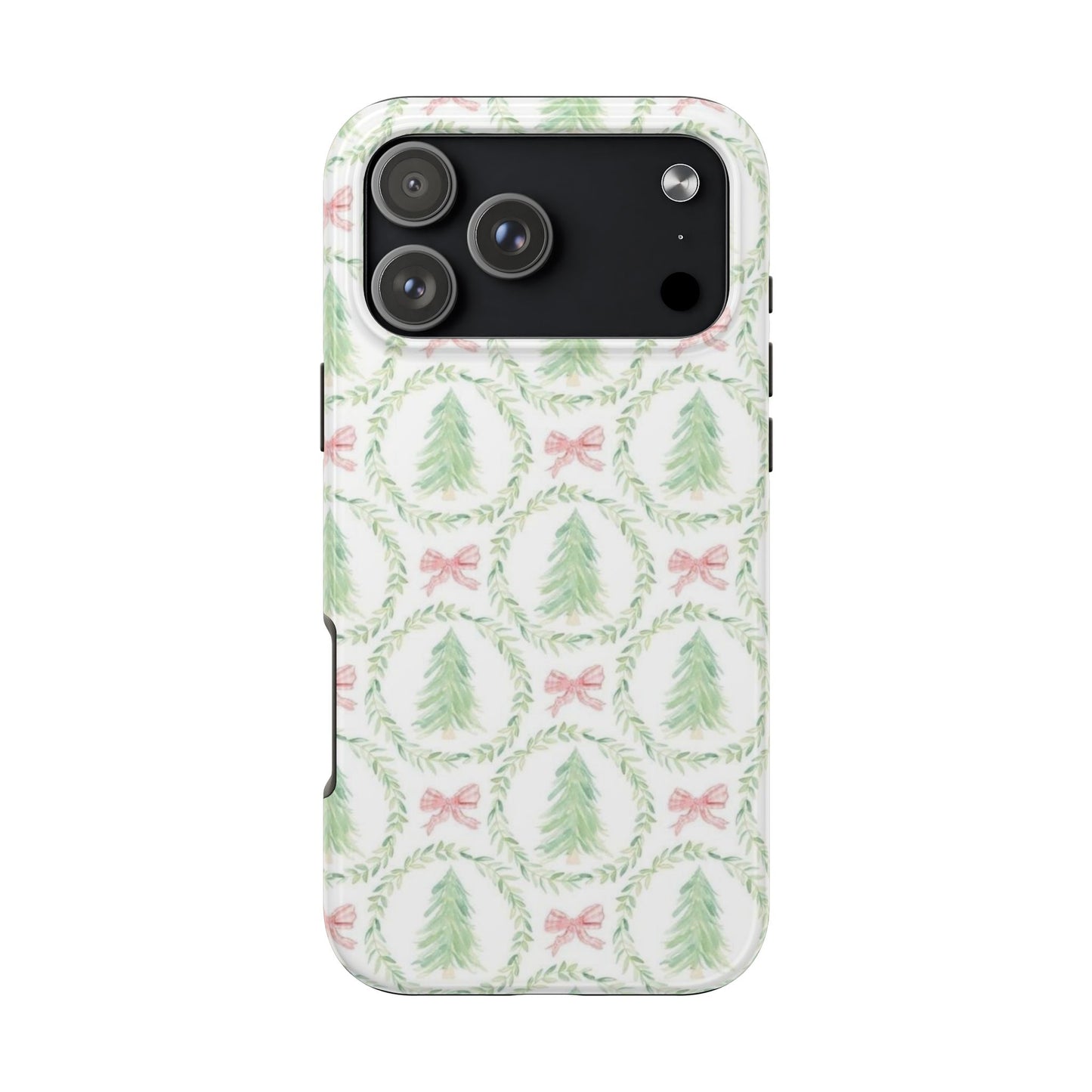 Christmas Wreath Phone Case — Pastel Pine Tree & Pink Bow Tough Case