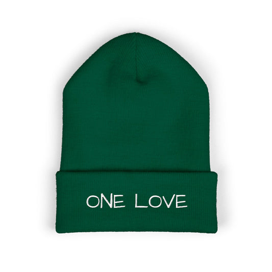 One Love Embroidered Cuffed Beanie — Classic Knit Winter Hat