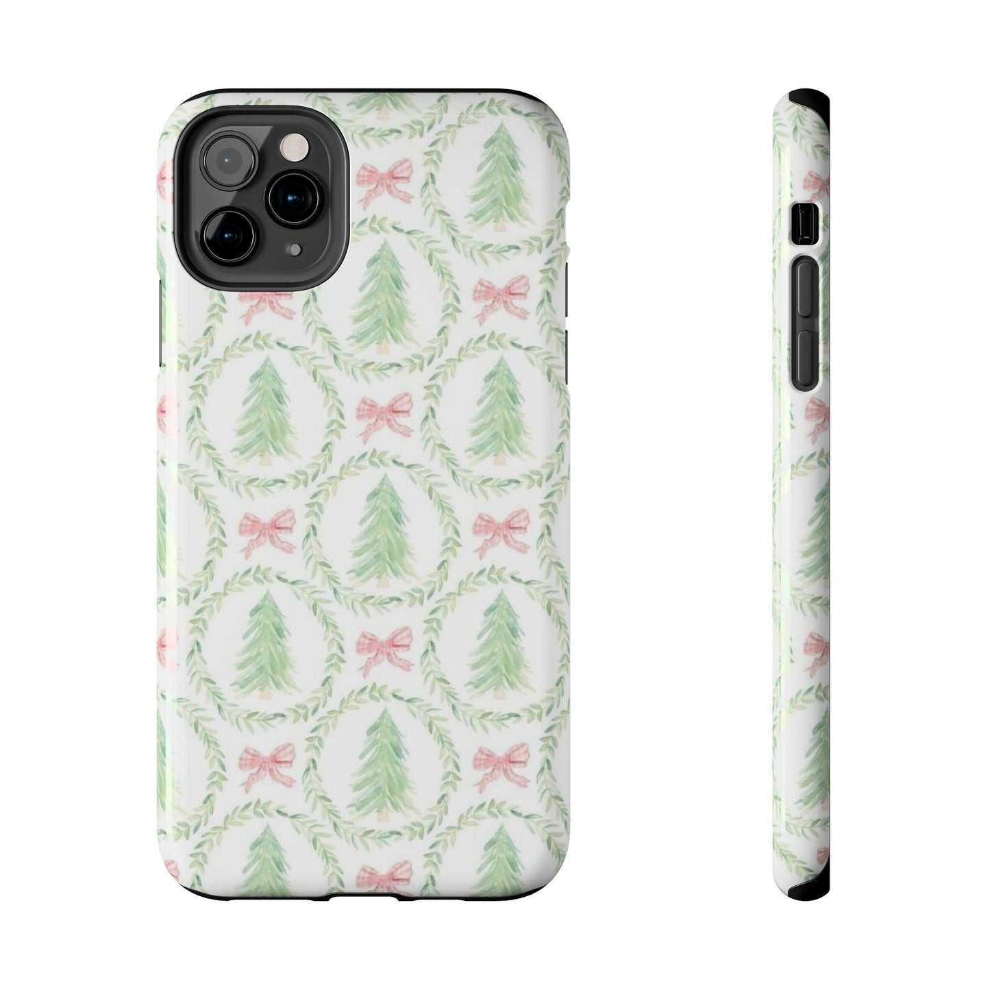 Christmas Wreath Phone Case — Pastel Pine Tree & Pink Bow Tough Case