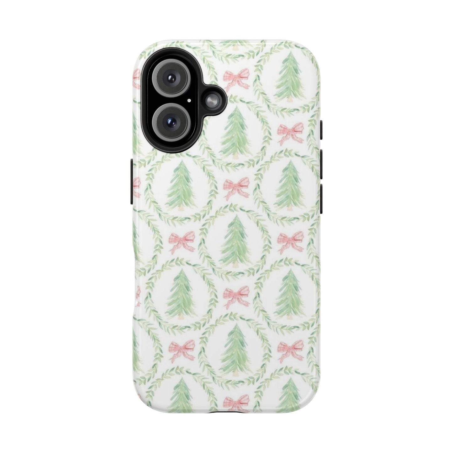 Christmas Wreath Phone Case — Pastel Pine Tree & Pink Bow Tough Case