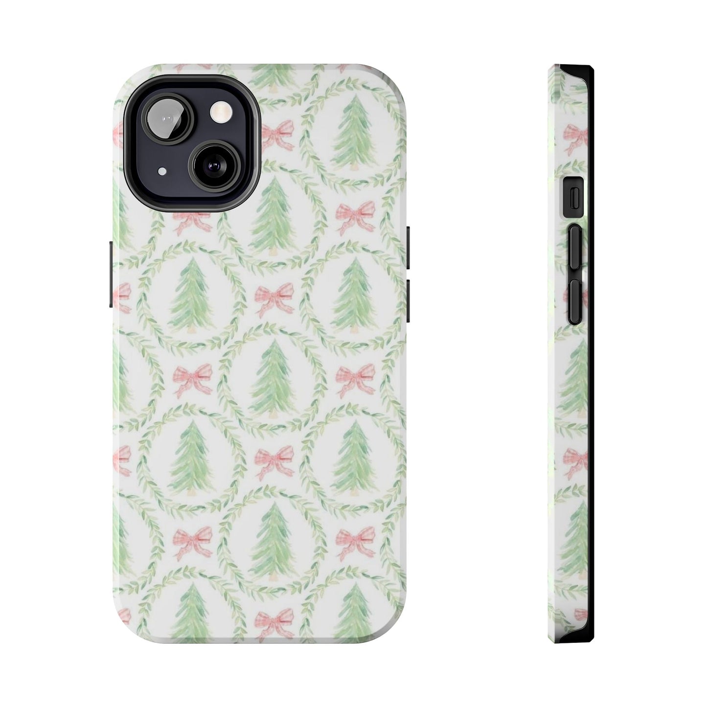 Christmas Wreath Phone Case — Pastel Pine Tree & Pink Bow Tough Case