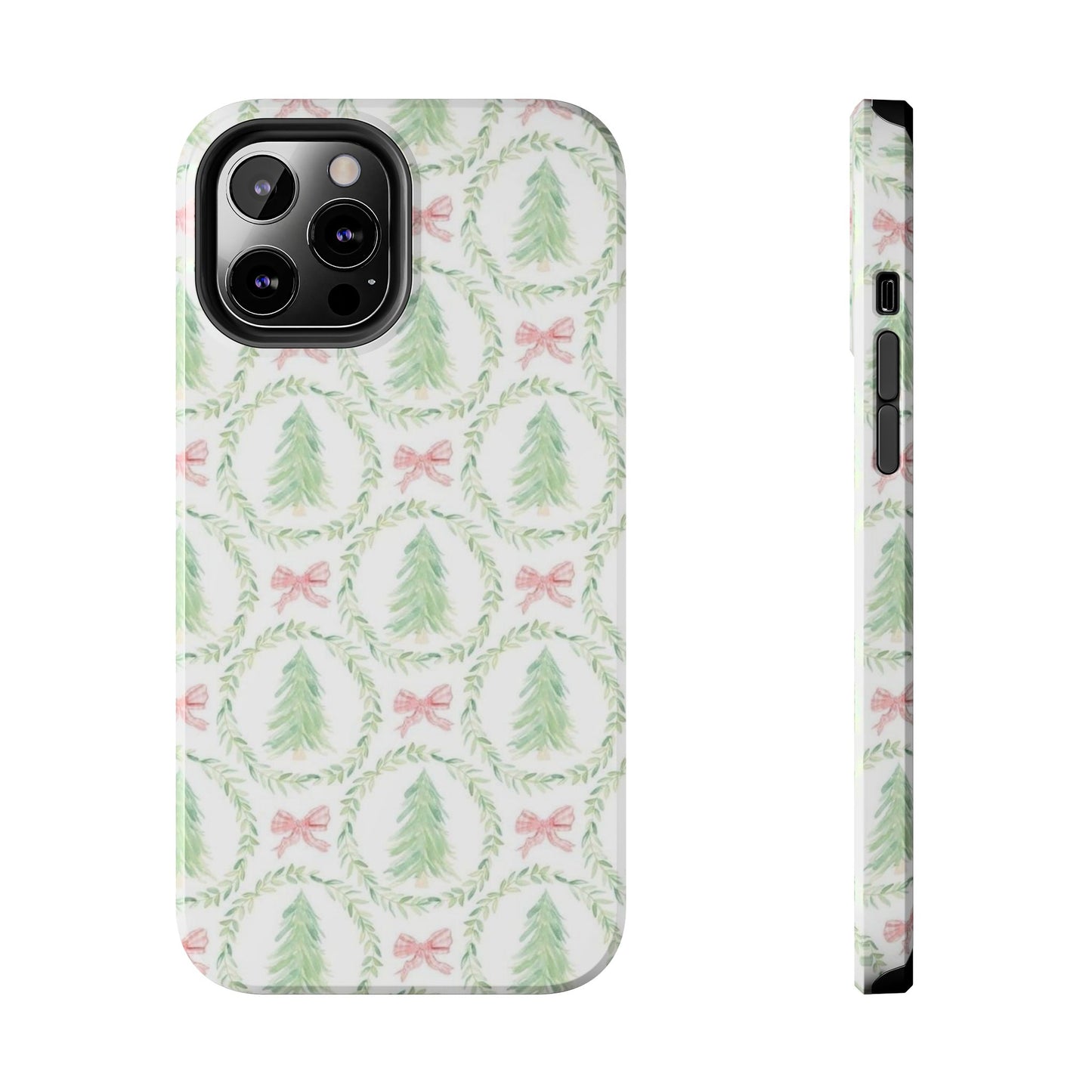 Christmas Wreath Phone Case — Pastel Pine Tree & Pink Bow Tough Case