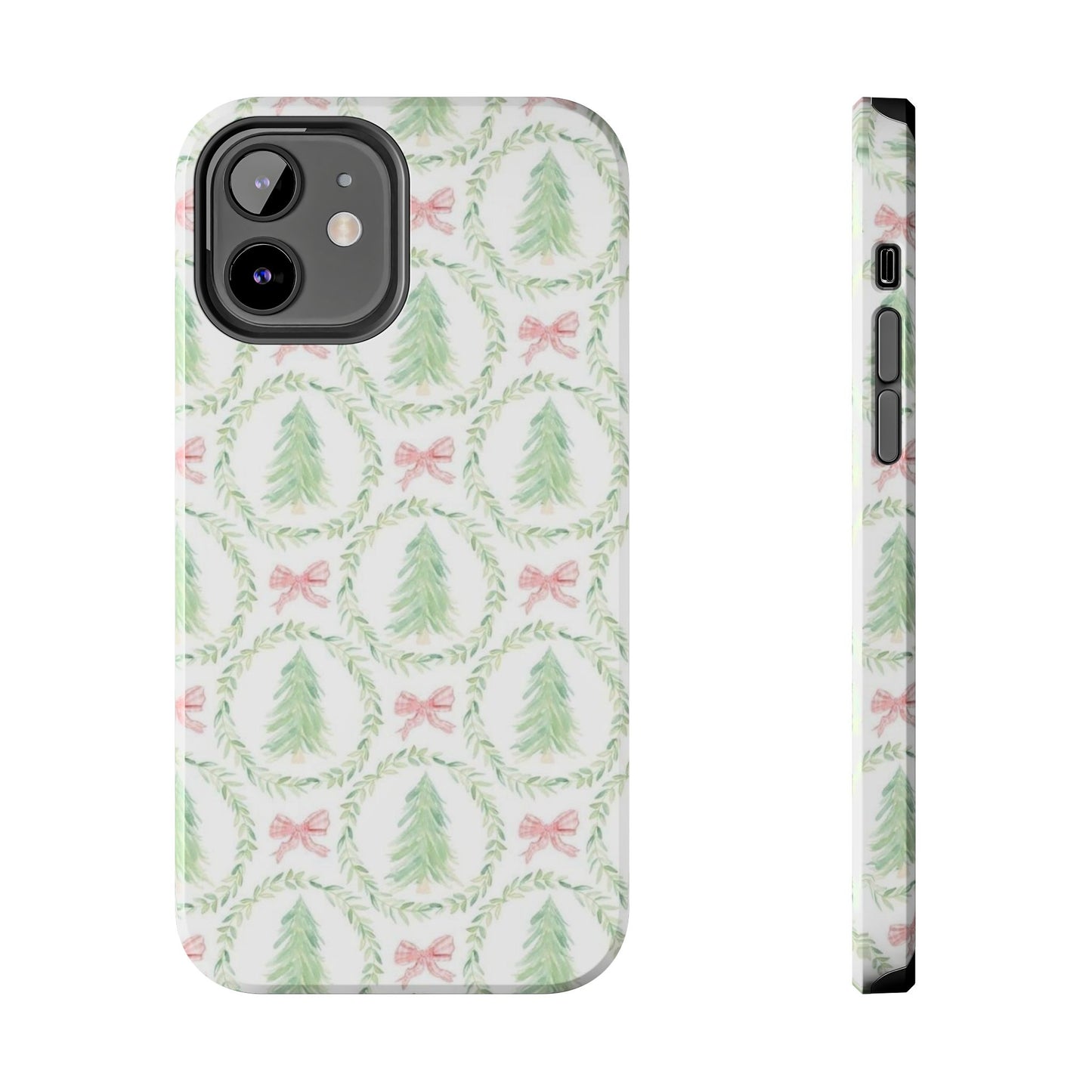 Christmas Wreath Phone Case — Pastel Pine Tree & Pink Bow Tough Case